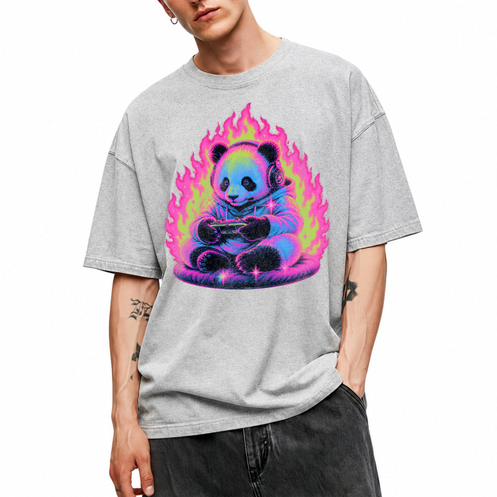 SF_COLOR=sport-grey; SF_ITEM=adult-t-shirt; SF_ROLE=gallery; Retro Arcade Gamer Panda T-Shirt Glowing Flame Video Games Controller Kawaii Tee - Sport Grey Adult T-Shirt product image