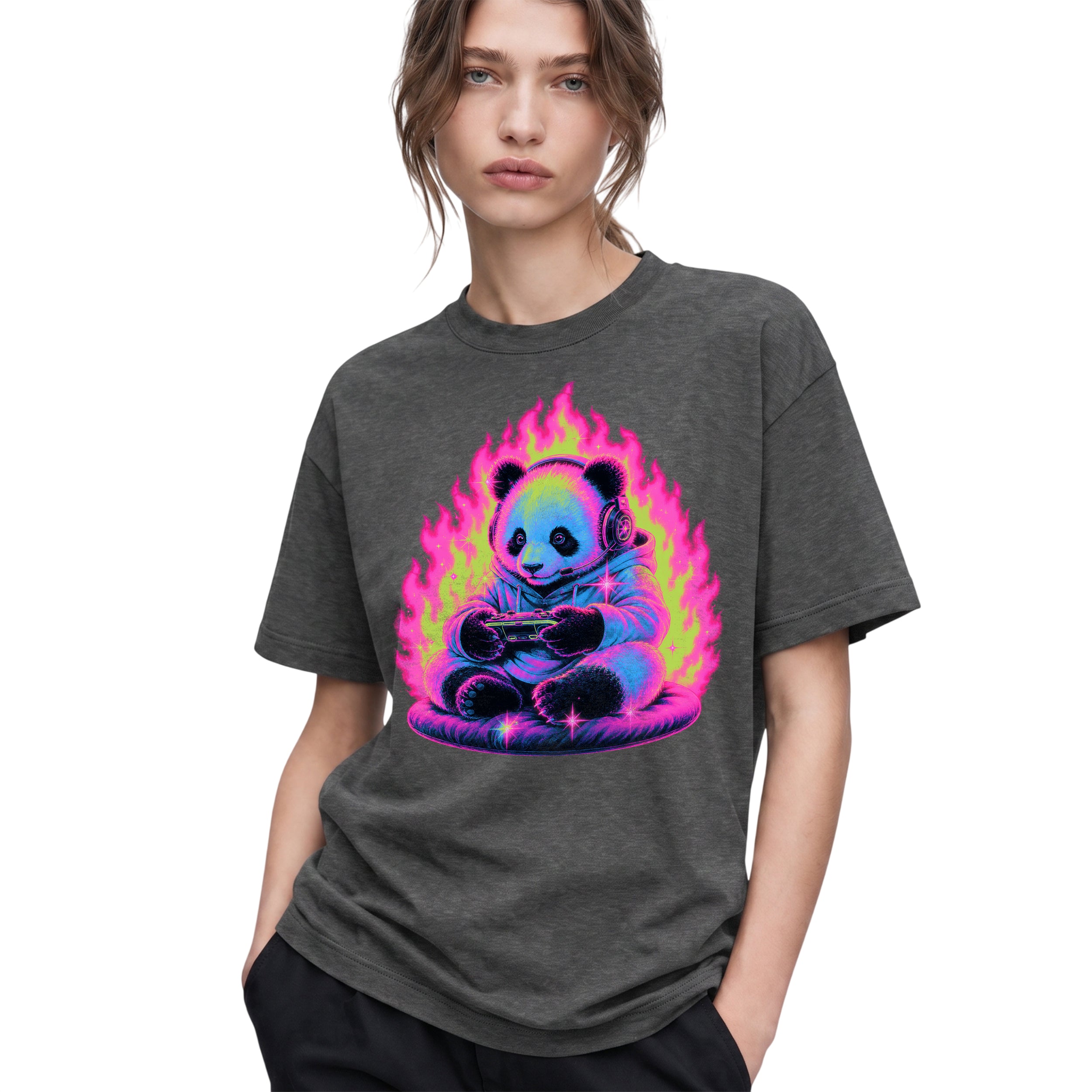 SF_COLOR=dark-heather; SF_ITEM=adult-t-shirt; SF_ROLE=gallery; Retro Arcade Gamer Panda T-Shirt Glowing Flame Video Games Controller Kawaii Tee - Dark Heather Adult T-Shirt product image