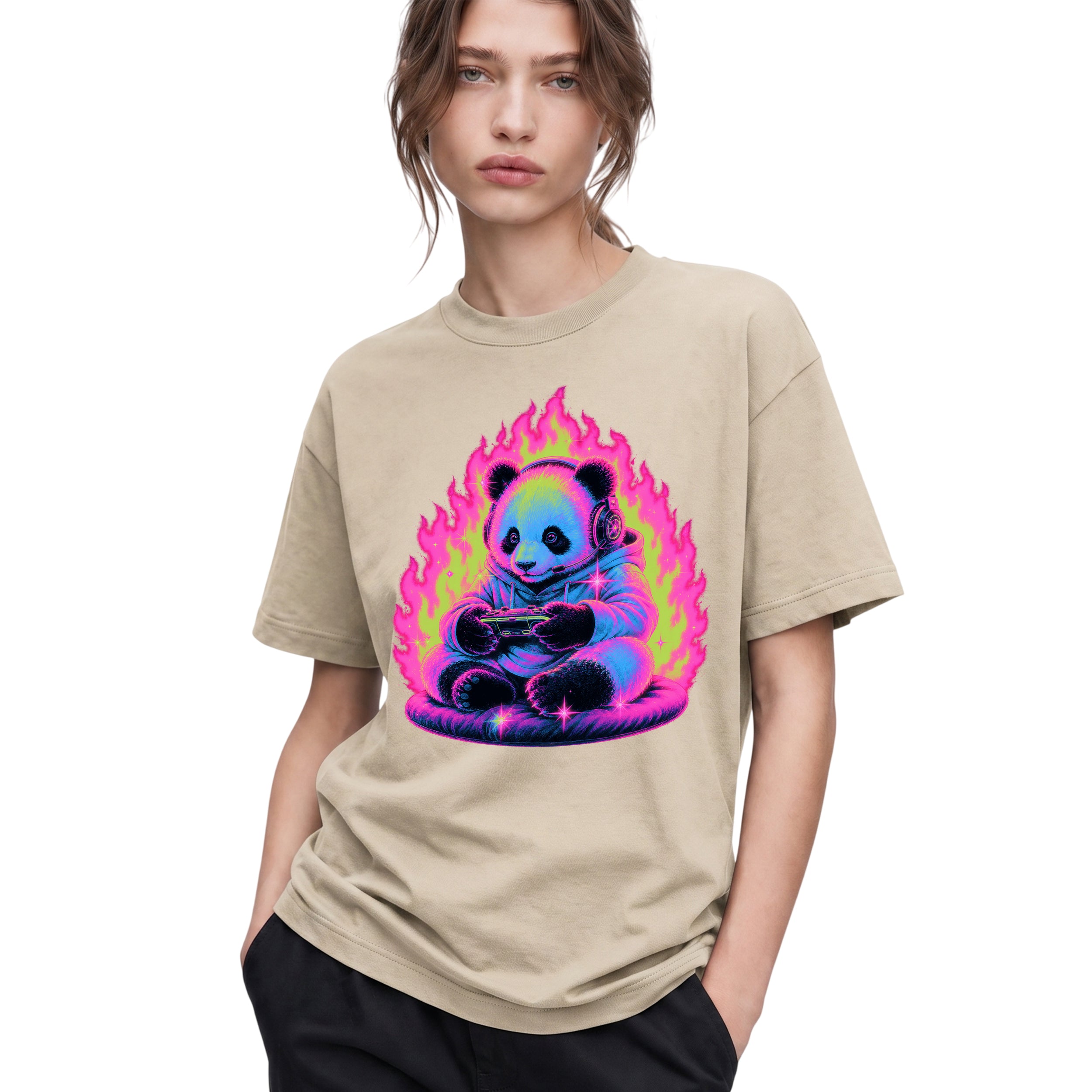 SF_COLOR=sand; SF_ITEM=adult-t-shirt; SF_ROLE=gallery; Retro Arcade Gamer Panda T-Shirt Glowing Flame Video Games Controller Kawaii Tee - Sand Adult T-Shirt product image