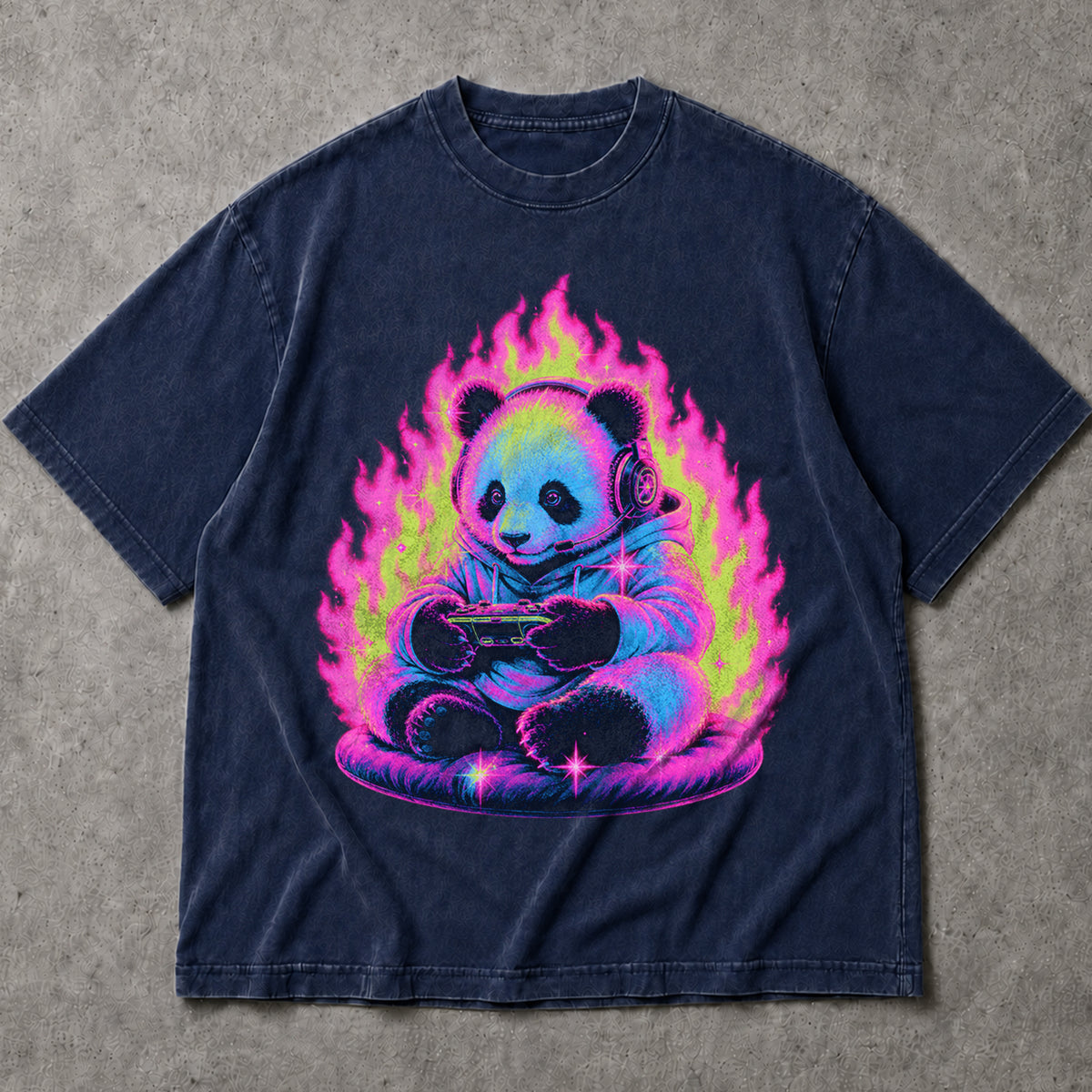 SF_COLOR=navy; SF_ITEM=adult-t-shirt; SF_ROLE=main; Retro Arcade Gamer Panda T-Shirt Glowing Flame Video Games Controller Kawaii Tee - Navy Adult T-Shirt product image