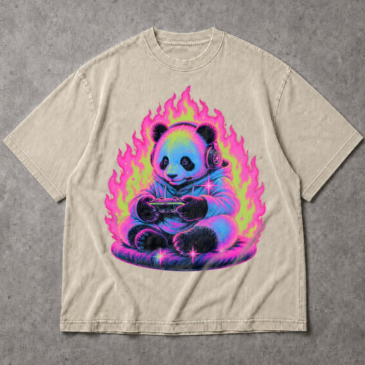 SF_COLOR=sand; SF_ITEM=adult-t-shirt; SF_ROLE=main; Retro Arcade Gamer Panda T-Shirt Glowing Flame Video Games Controller Kawaii Tee - Sand Adult T-Shirt product image