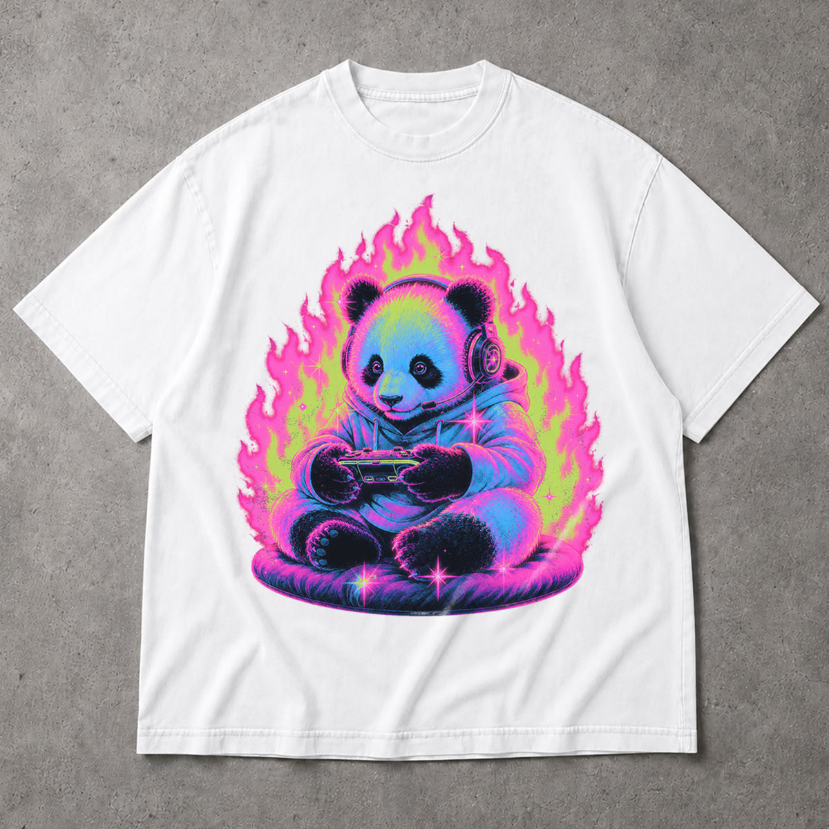 SF_COLOR=white; SF_ITEM=adult-t-shirt; SF_ROLE=main; Retro Arcade Gamer Panda T-Shirt Glowing Flame Video Games Controller Kawaii Tee - White Adult T-Shirt product image