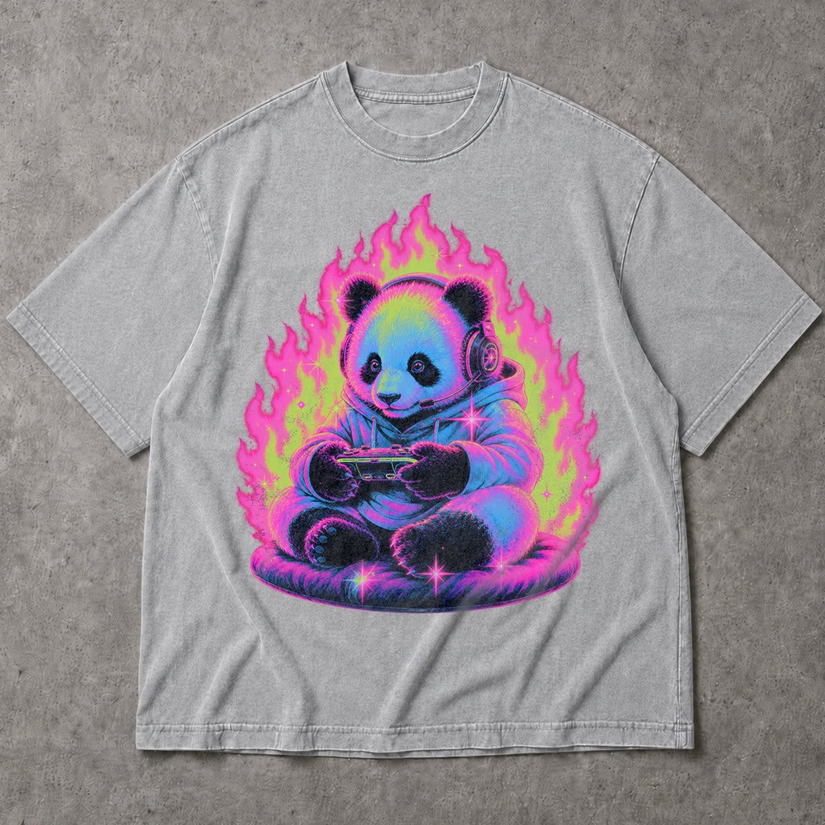 SF_COLOR=sport-grey; SF_ITEM=adult-t-shirt; SF_ROLE=main; Retro Arcade Gamer Panda T-Shirt Glowing Flame Video Games Controller Kawaii Tee - Sport Grey Adult T-Shirt product image