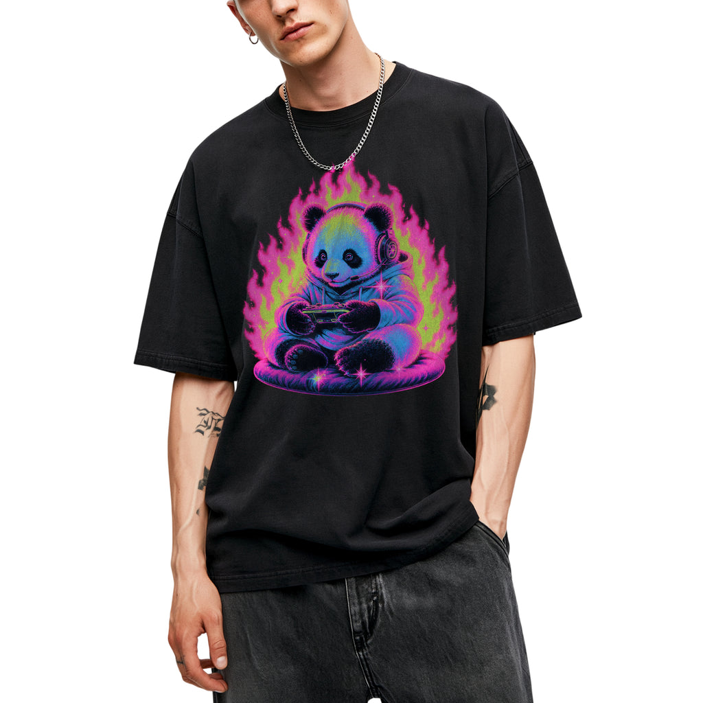 SF_COLOR=black; SF_ITEM=adult-t-shirt; SF_ROLE=gallery; Retro Arcade Gamer Panda T-Shirt Glowing Flame Video Games Controller Kawaii Tee - Black Adult T-Shirt product image