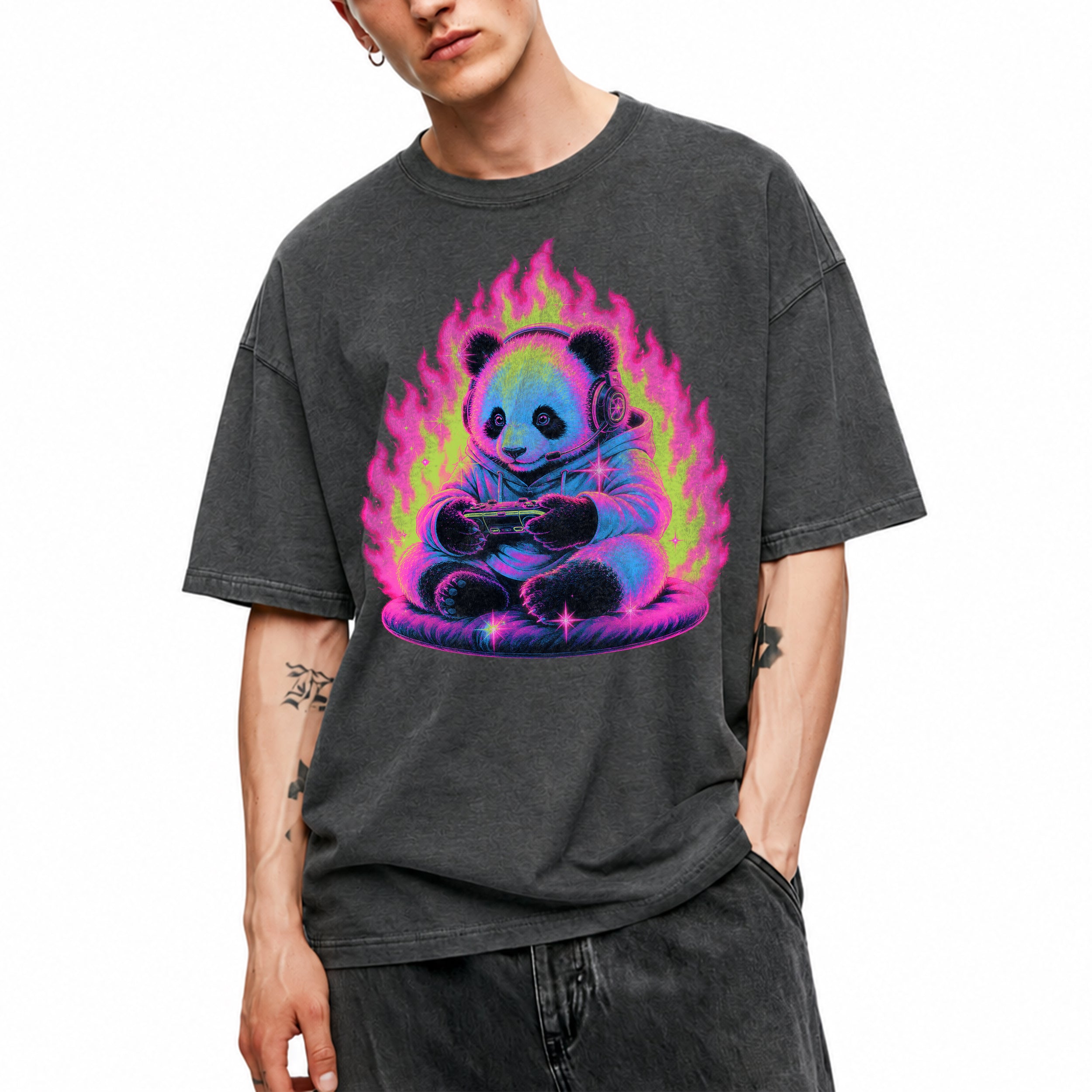 SF_COLOR=dark-heather; SF_ITEM=adult-t-shirt; SF_ROLE=gallery; Retro Arcade Gamer Panda T-Shirt Glowing Flame Video Games Controller Kawaii Tee - Dark Heather Adult T-Shirt product image