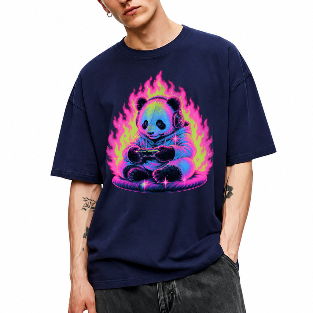 SF_COLOR=navy; SF_ITEM=adult-t-shirt; SF_ROLE=gallery; Retro Arcade Gamer Panda T-Shirt Glowing Flame Video Games Controller Kawaii Tee - Navy Adult T-Shirt product image