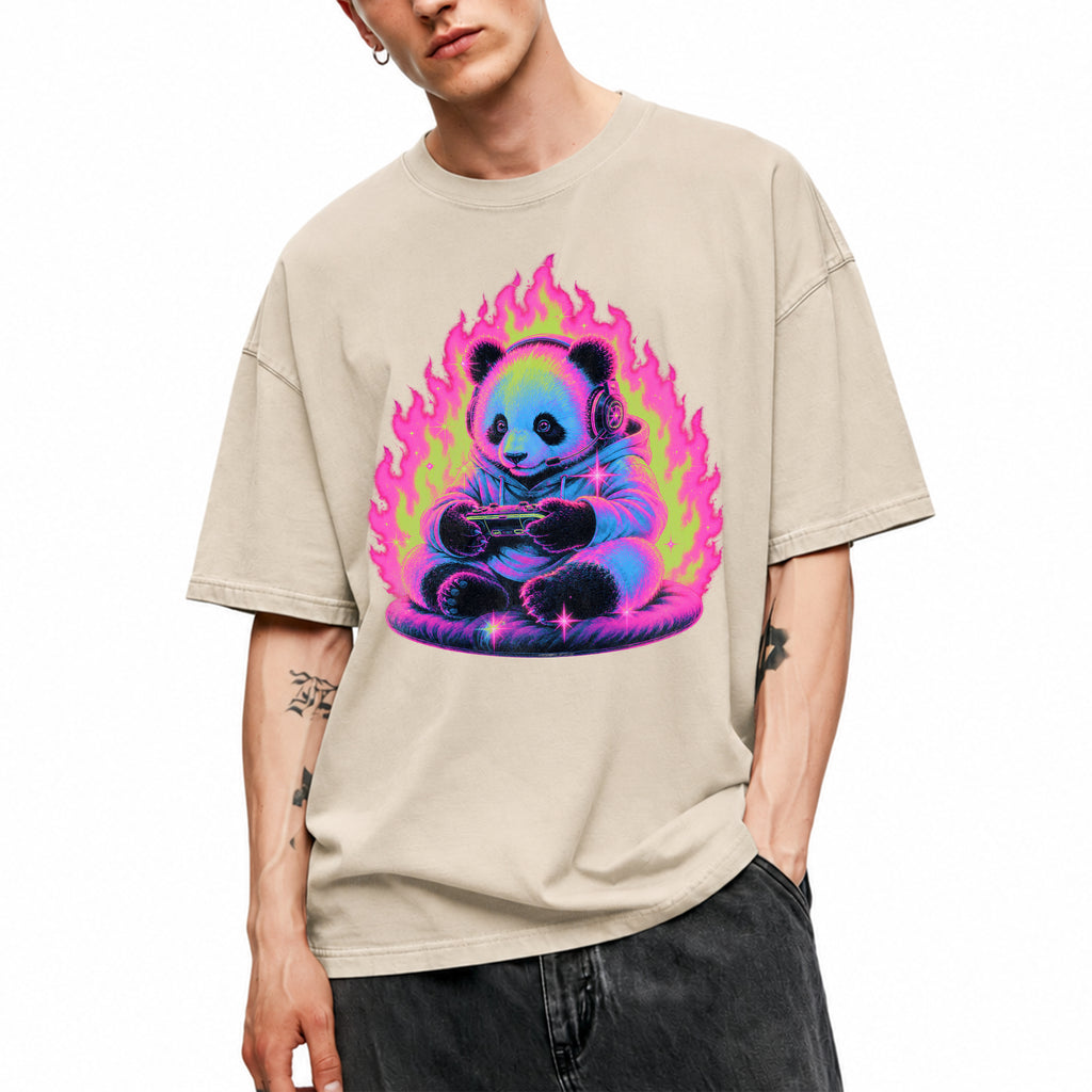 SF_COLOR=sand; SF_ITEM=adult-t-shirt; SF_ROLE=gallery; Retro Arcade Gamer Panda T-Shirt Glowing Flame Video Games Controller Kawaii Tee - Sand Adult T-Shirt product image