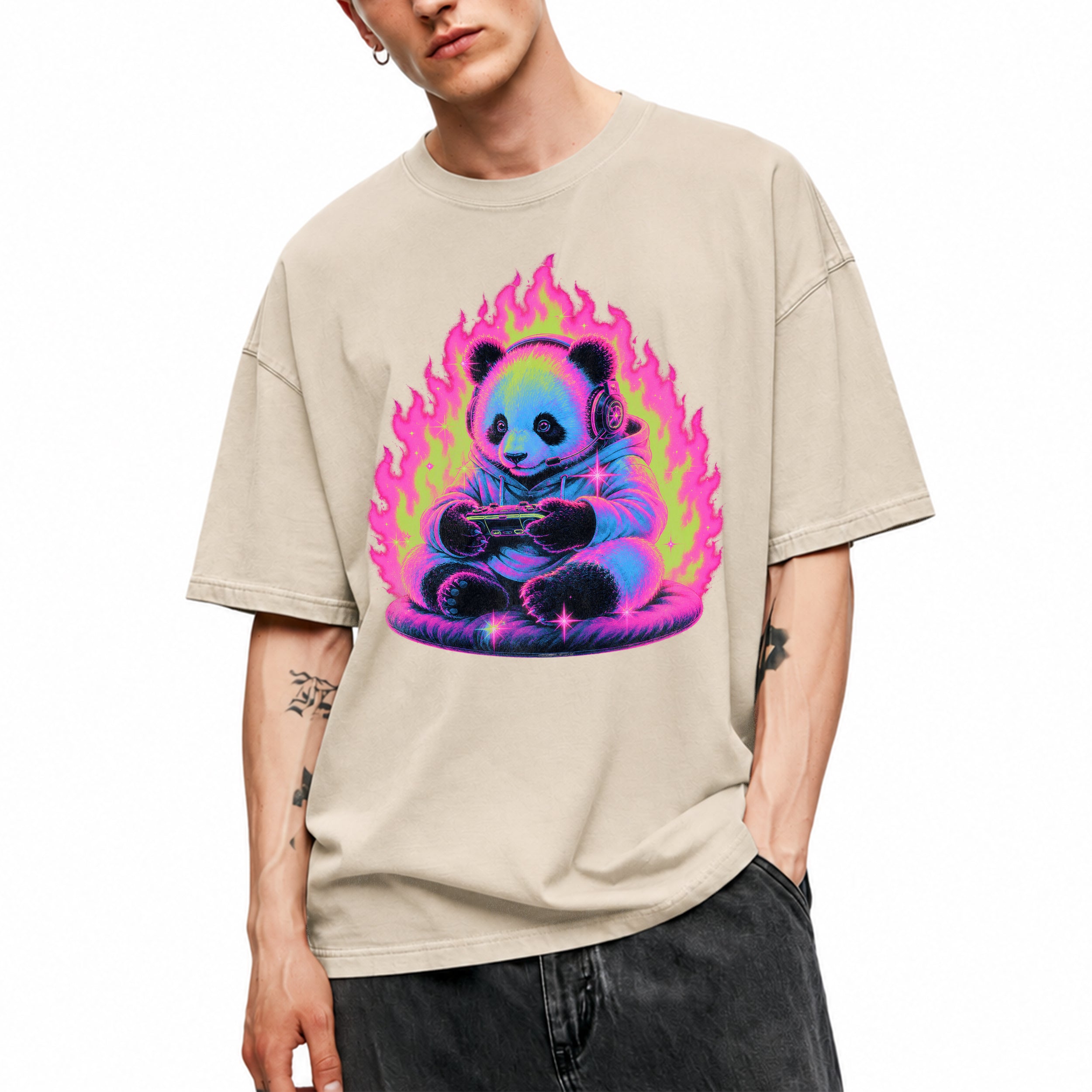 SF_COLOR=sand; SF_ITEM=adult-t-shirt; SF_ROLE=gallery; Retro Arcade Gamer Panda T-Shirt Glowing Flame Video Games Controller Kawaii Tee - Sand Adult T-Shirt product image