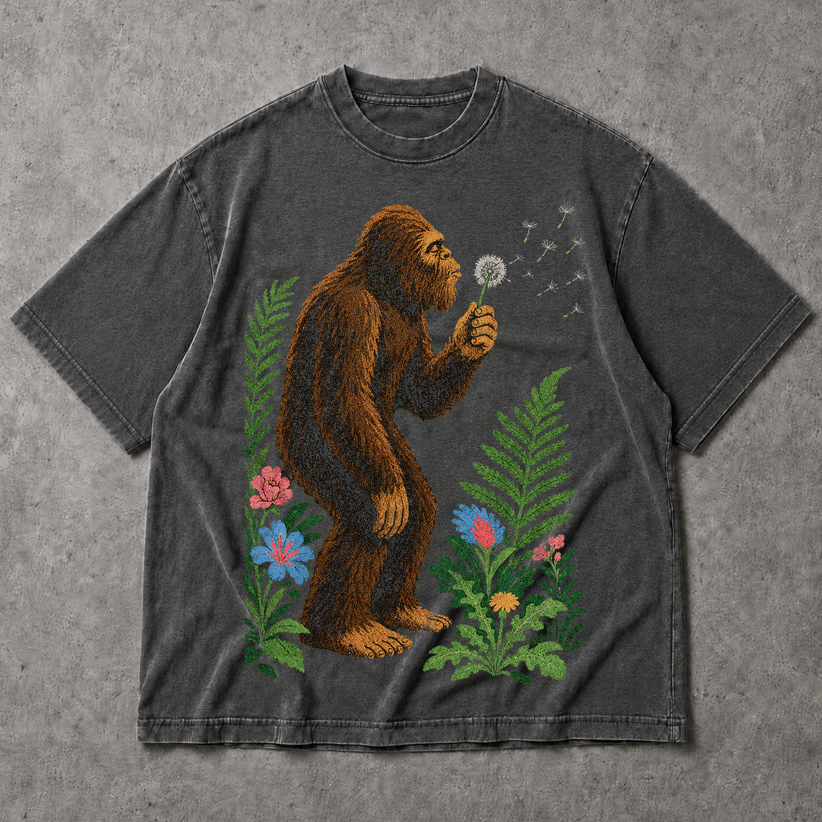 SF_COLOR=dark-heather; SF_ITEM=adult-t-shirt; SF_ROLE=main; Retro Bigfoot Blowing A Dandelion T-Shirt Vintage Sasquatch Floral Nature Tee - Dark Heather Adult T-Shirt product image