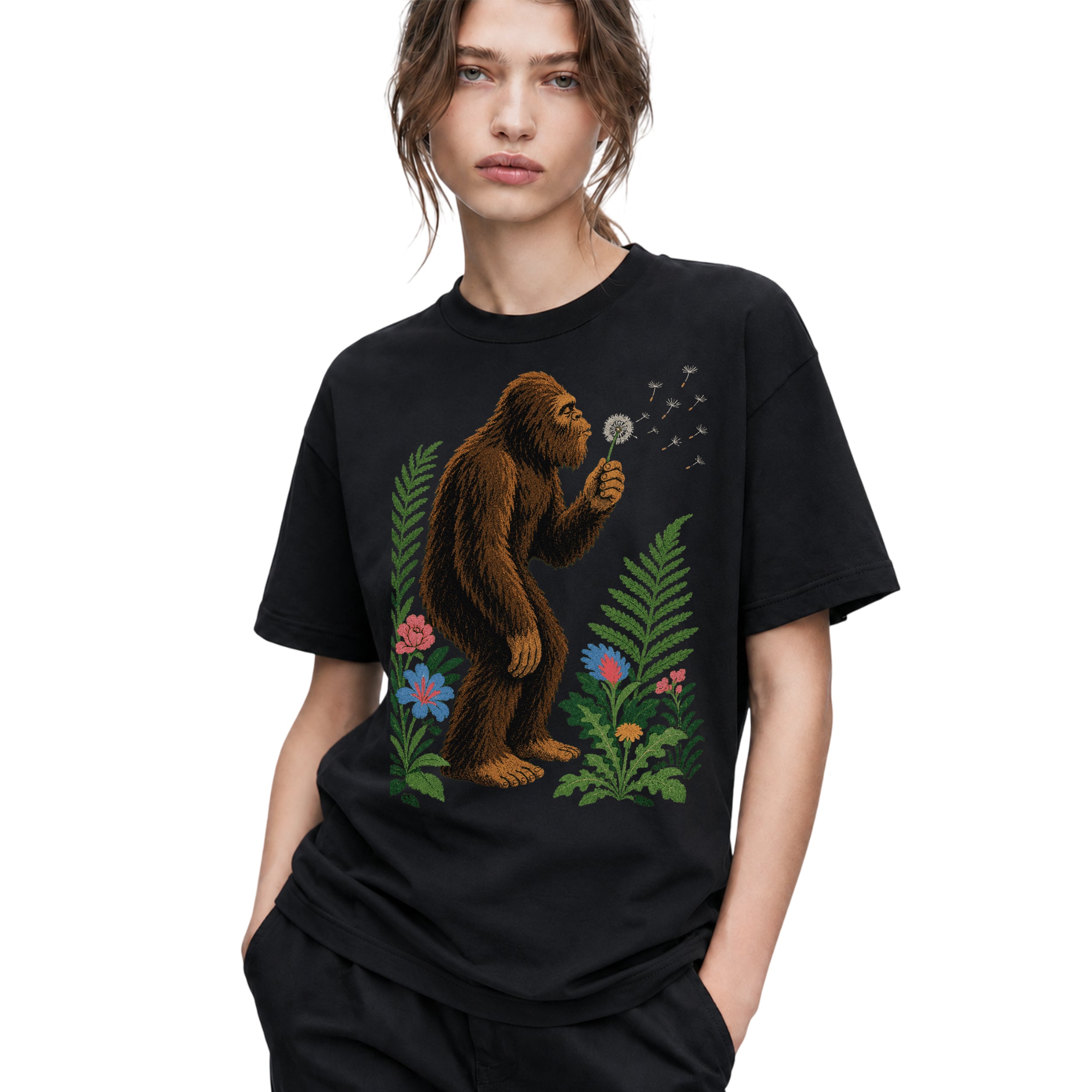 SF_COLOR=black; SF_ITEM=adult-t-shirt; SF_ROLE=gallery; Retro Bigfoot Blowing A Dandelion T-Shirt Vintage Sasquatch Floral Nature Tee - Black Adult T-Shirt product image