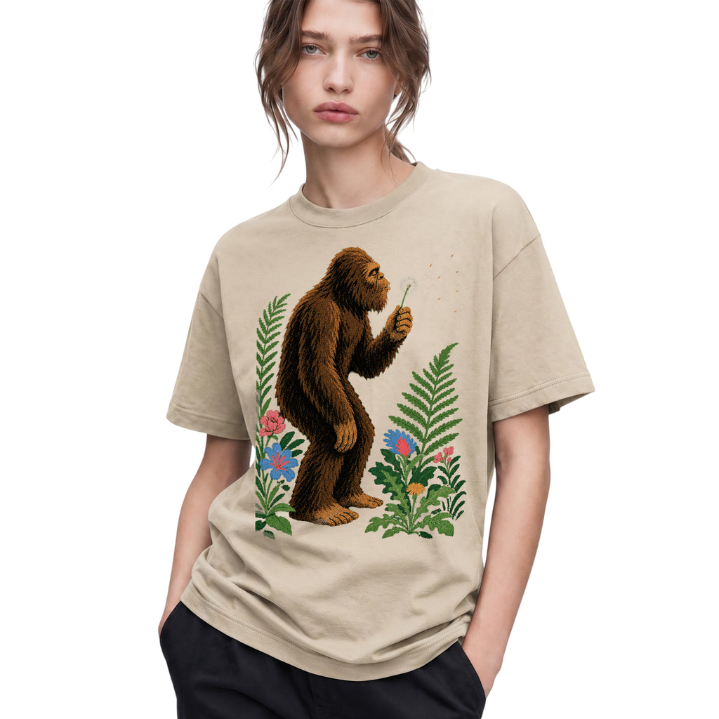 SF_COLOR=sand; SF_ITEM=adult-t-shirt; SF_ROLE=gallery; Retro Bigfoot Blowing A Dandelion T-Shirt Vintage Sasquatch Floral Nature Tee - Sand Adult T-Shirt product image