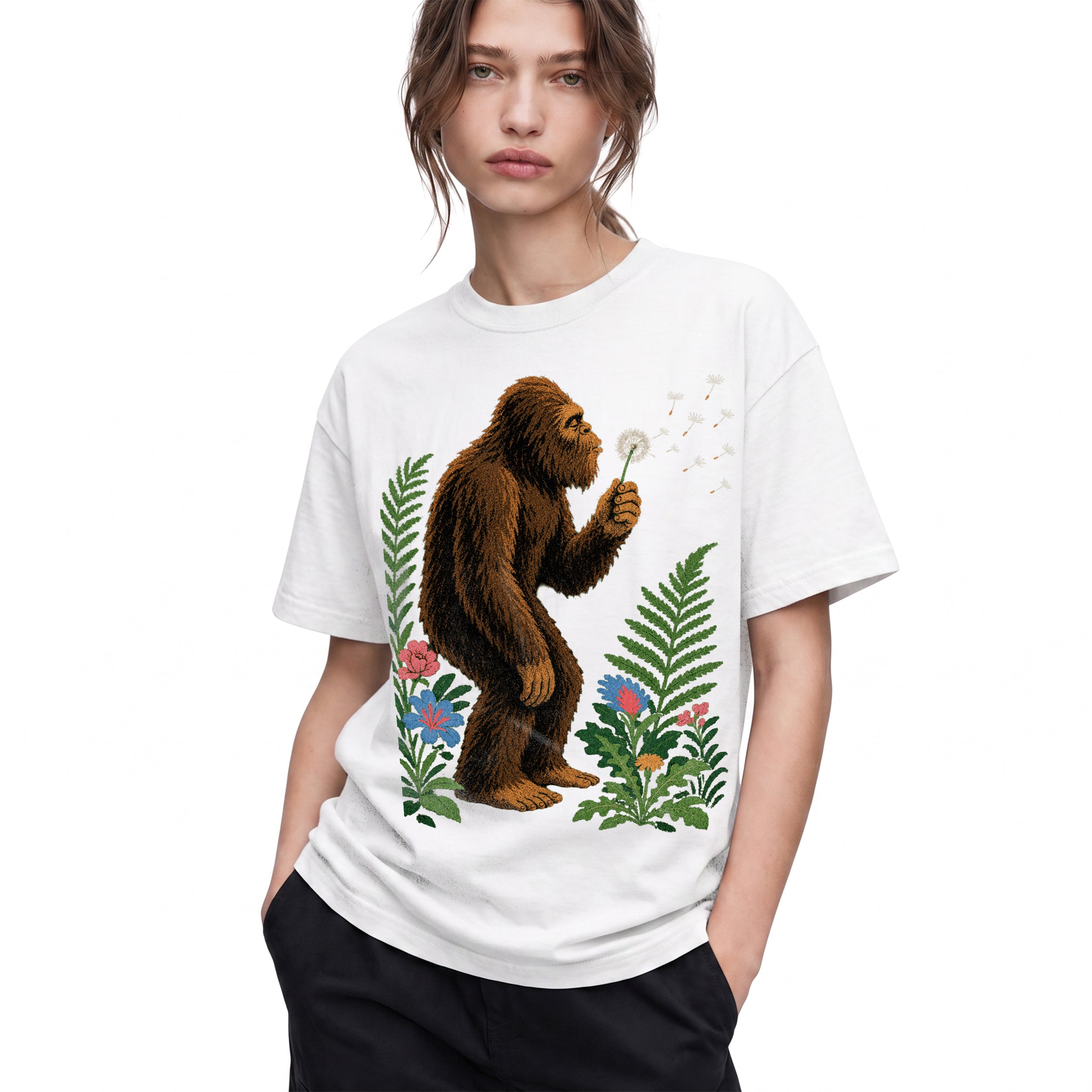 SF_COLOR=white; SF_ITEM=adult-t-shirt; SF_ROLE=gallery; Retro Bigfoot Blowing A Dandelion T-Shirt Vintage Sasquatch Floral Nature Tee - White Adult T-Shirt product image