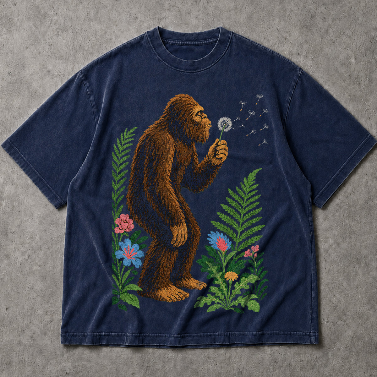 SF_COLOR=navy; SF_ITEM=adult-t-shirt; SF_ROLE=main; Retro Bigfoot Blowing A Dandelion T-Shirt Vintage Sasquatch Floral Nature Tee - Navy Adult T-Shirt product image