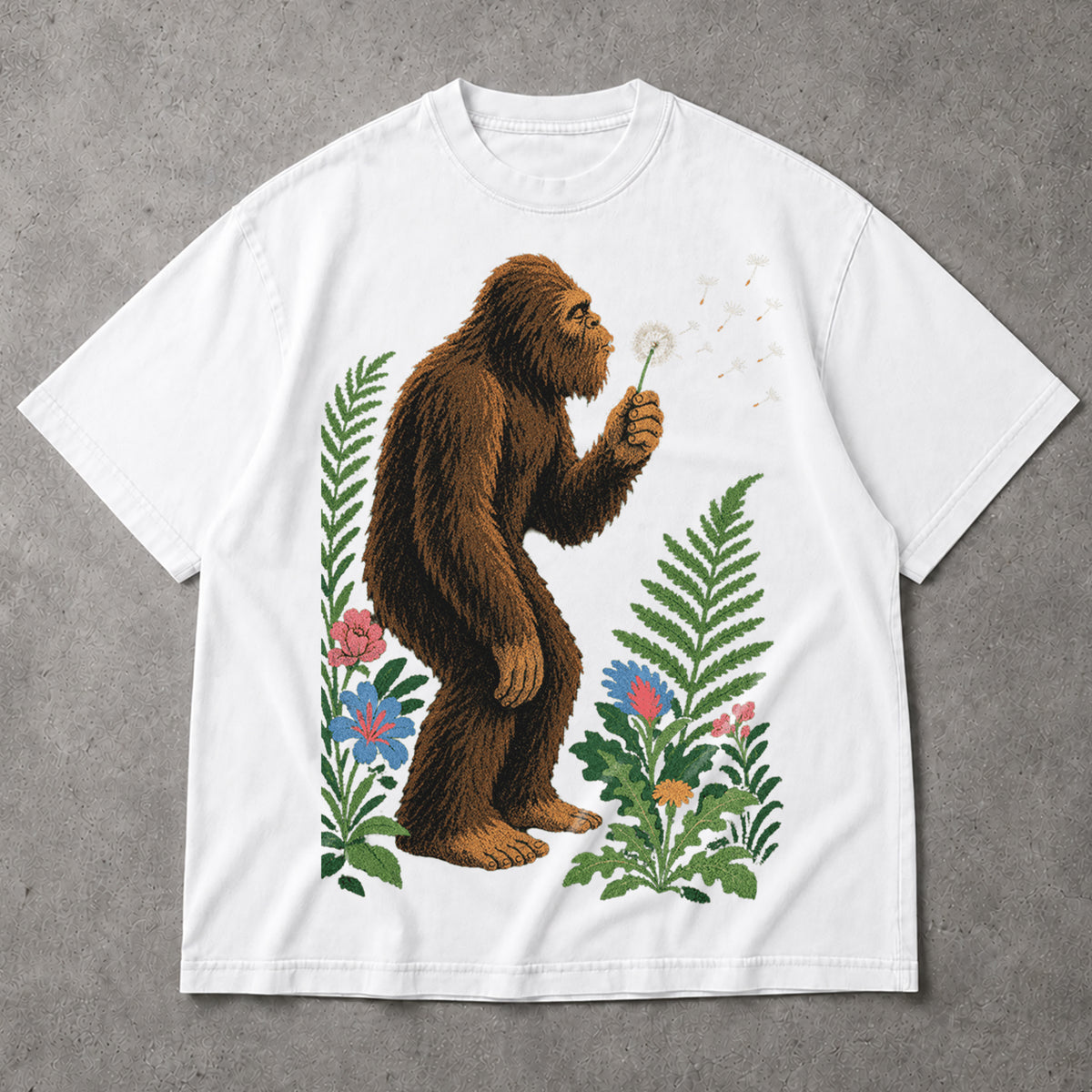 SF_COLOR=white; SF_ITEM=adult-t-shirt; SF_ROLE=main; Retro Bigfoot Blowing A Dandelion T-Shirt Vintage Sasquatch Floral Nature Tee - White Adult T-Shirt product image