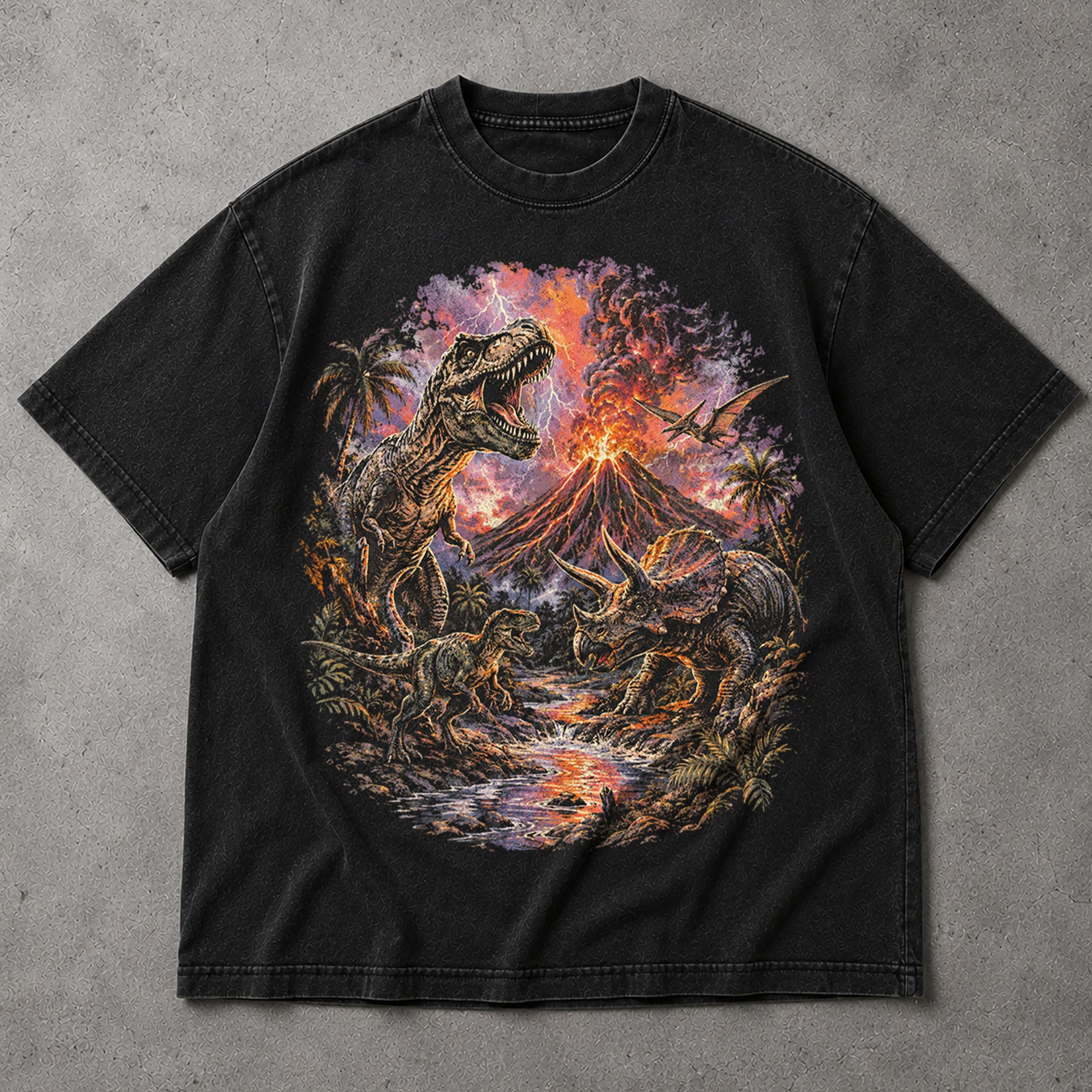 SF_COLOR=black; SF_ITEM=adult-t-shirt; SF_ROLE=main; Retro Dinosaurs Volcano Eruption T-Shirt T-Rex Triceratops Everythings Fine Tee - Black Adult T-Shirt product image