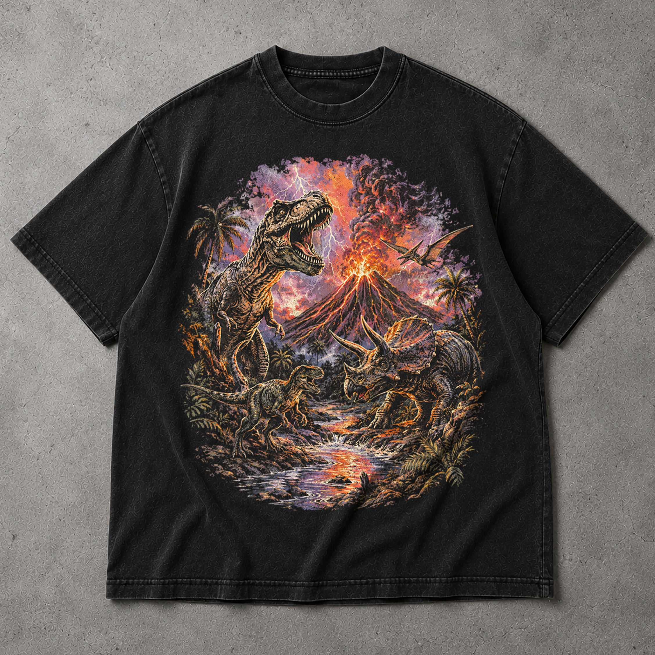 SF_COLOR=black; SF_ITEM=adult-t-shirt; SF_ROLE=main; Retro Dinosaurs Volcano Eruption T-Shirt T-Rex Triceratops Everythings Fine Tee - Black Adult T-Shirt product image