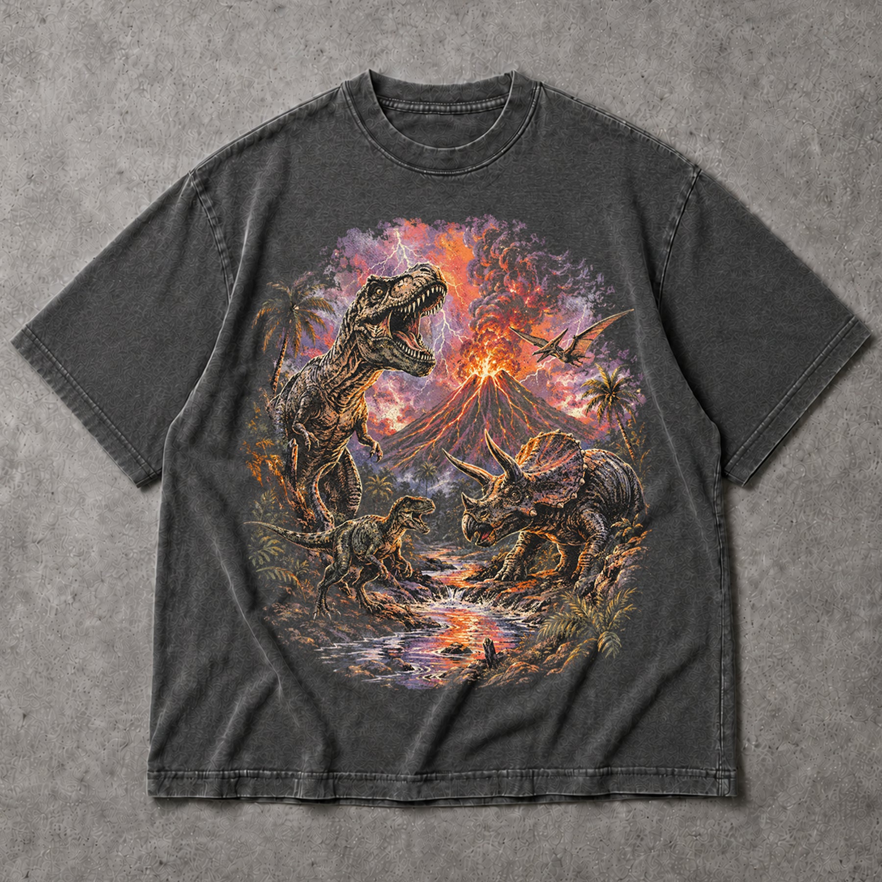SF_COLOR=dark-heather; SF_ITEM=adult-t-shirt; SF_ROLE=main; Retro Dinosaurs Volcano Eruption T-Shirt T-Rex Triceratops Everythings Fine Tee - Dark Heather Adult T-Shirt product image