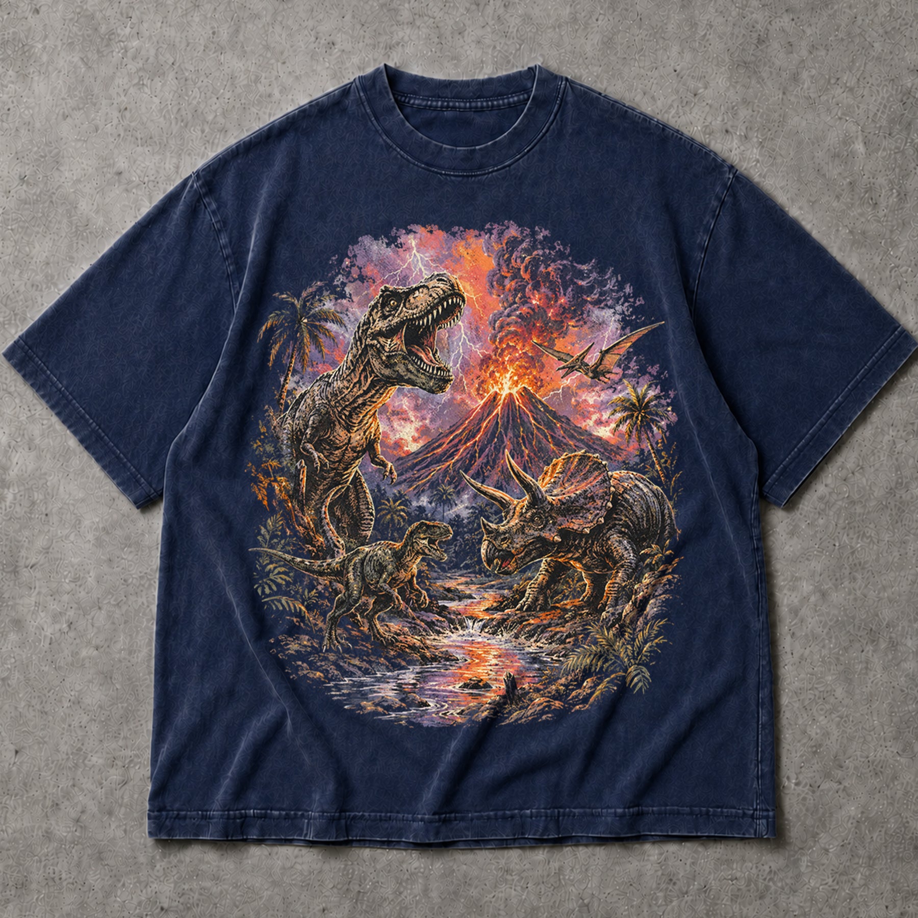 SF_COLOR=navy; SF_ITEM=adult-t-shirt; SF_ROLE=main; Retro Dinosaurs Volcano Eruption T-Shirt T-Rex Triceratops Everythings Fine Tee - Navy Adult T-Shirt product image
