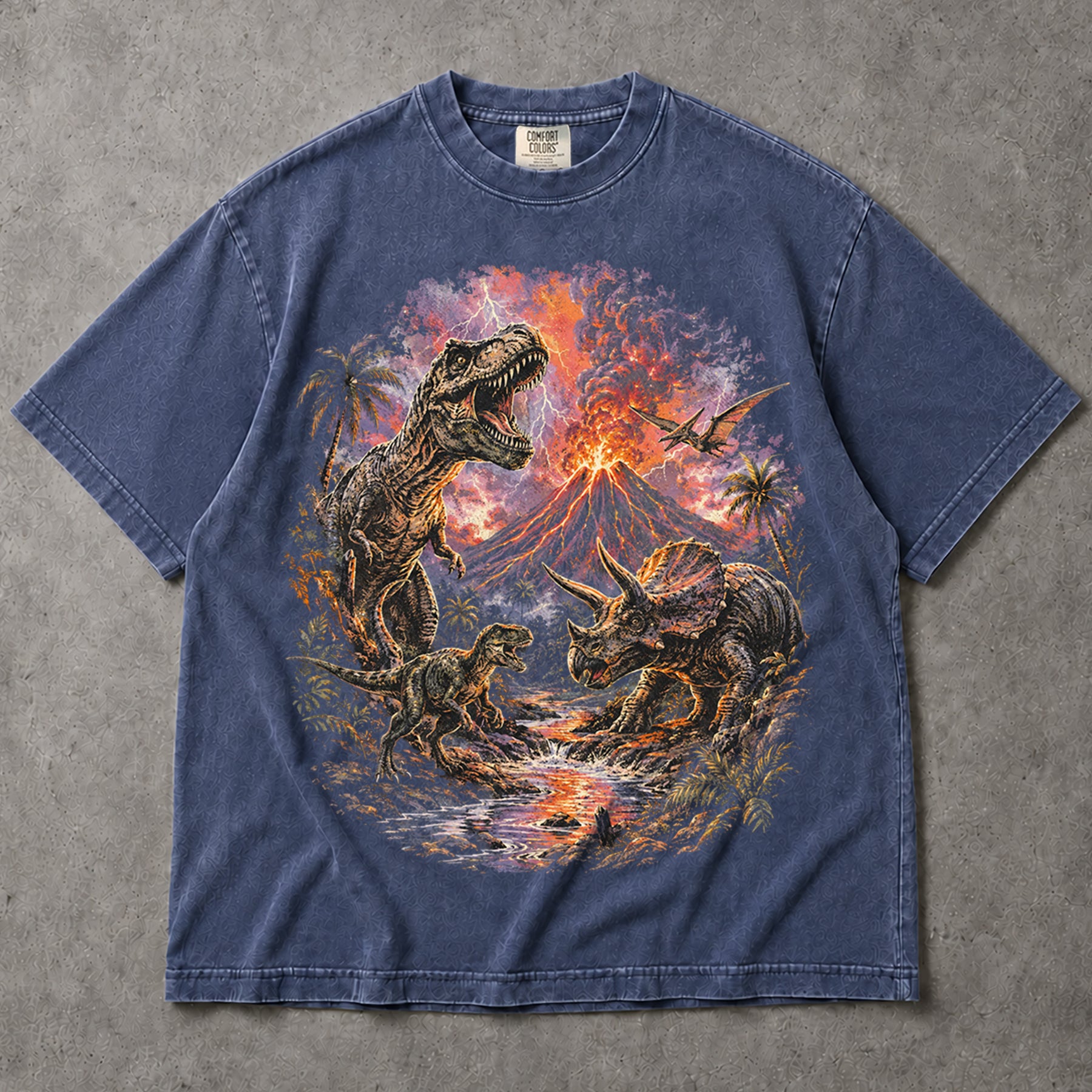 SF_COLOR=sport-grey|denim; SF_ITEM=adult-t-shirt; SF_ROLE=main; Retro Dinosaurs Volcano Eruption T-Shirt T-Rex Triceratops Everythings Fine Tee - Sport Grey, Denim Adult T-Shirt product image