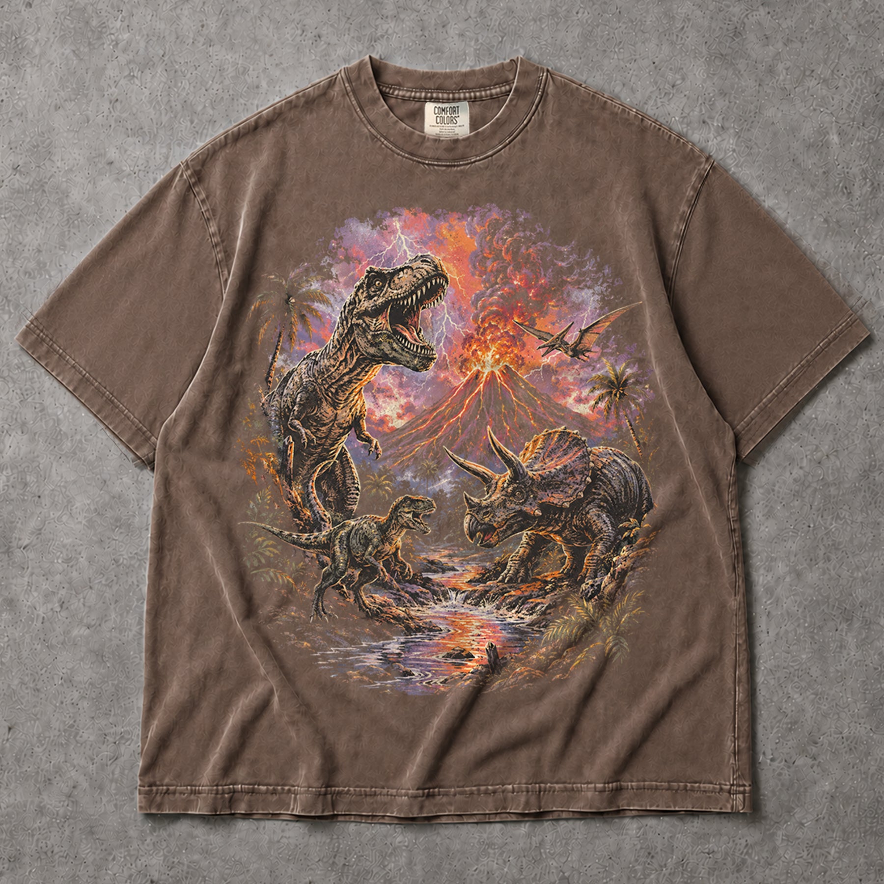 SF_COLOR=sport-grey|espresso; SF_ITEM=adult-t-shirt; SF_ROLE=main; Retro Dinosaurs Volcano Eruption T-Shirt T-Rex Triceratops Everythings Fine Tee - Sport Grey, Espresso Adult T-Shirt product image