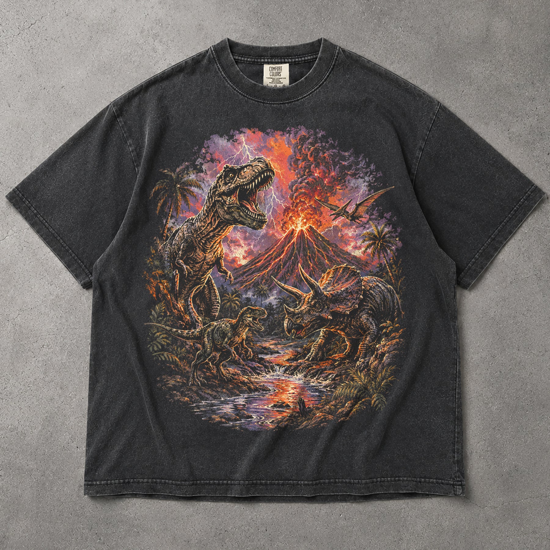 SF_COLOR=graphite; SF_ITEM=adult-t-shirt; SF_ROLE=main; Retro Dinosaurs Volcano Eruption T-Shirt T-Rex Triceratops Everythings Fine Tee - Graphite Adult T-Shirt product image