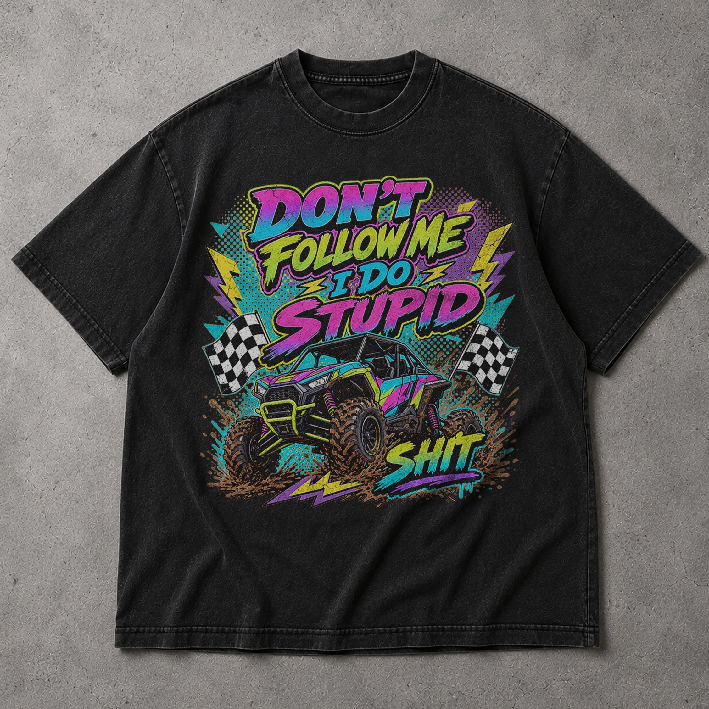 SF_COLOR=black; SF_ITEM=adult-t-shirt; SF_ROLE=main; Retro Dont Follow Me I Do Stupid Shit T-Shirt UTV Buggy Off Road Racing Apparel - Black Adult T-Shirt product image