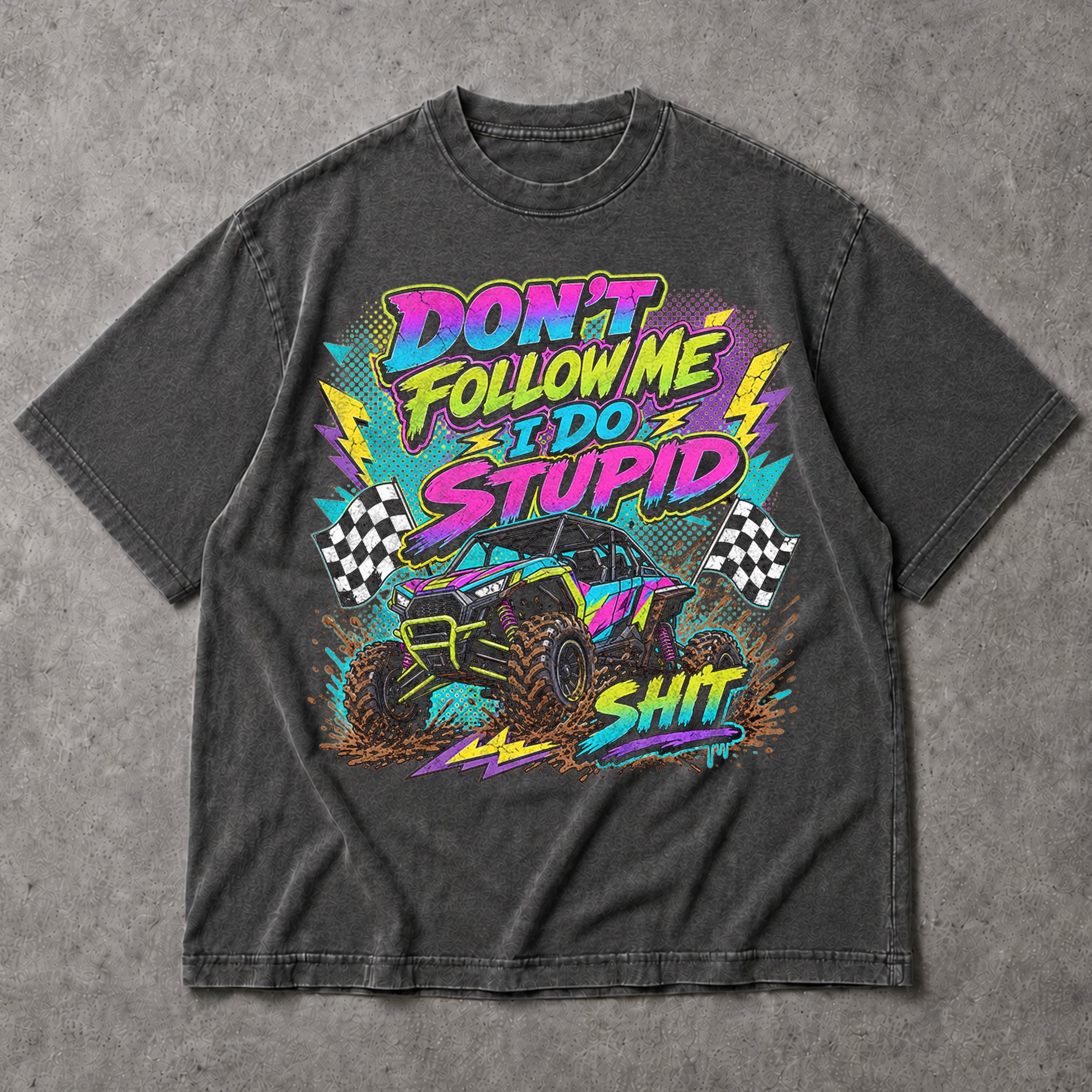 SF_COLOR=dark-heather; SF_ITEM=adult-t-shirt; SF_ROLE=main; Retro Dont Follow Me I Do Stupid Shit T-Shirt UTV Buggy Off Road Racing Apparel - Dark Heather Adult T-Shirt product image
