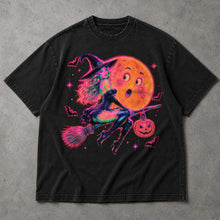 SF_COLOR=black; SF_ITEM=adult-t-shirt; SF_ROLE=main; Retro Neon Witch Riding Broom T-Shirt Funny Moon Face Halloween Spooky Tee - Black Adult T-Shirt product image