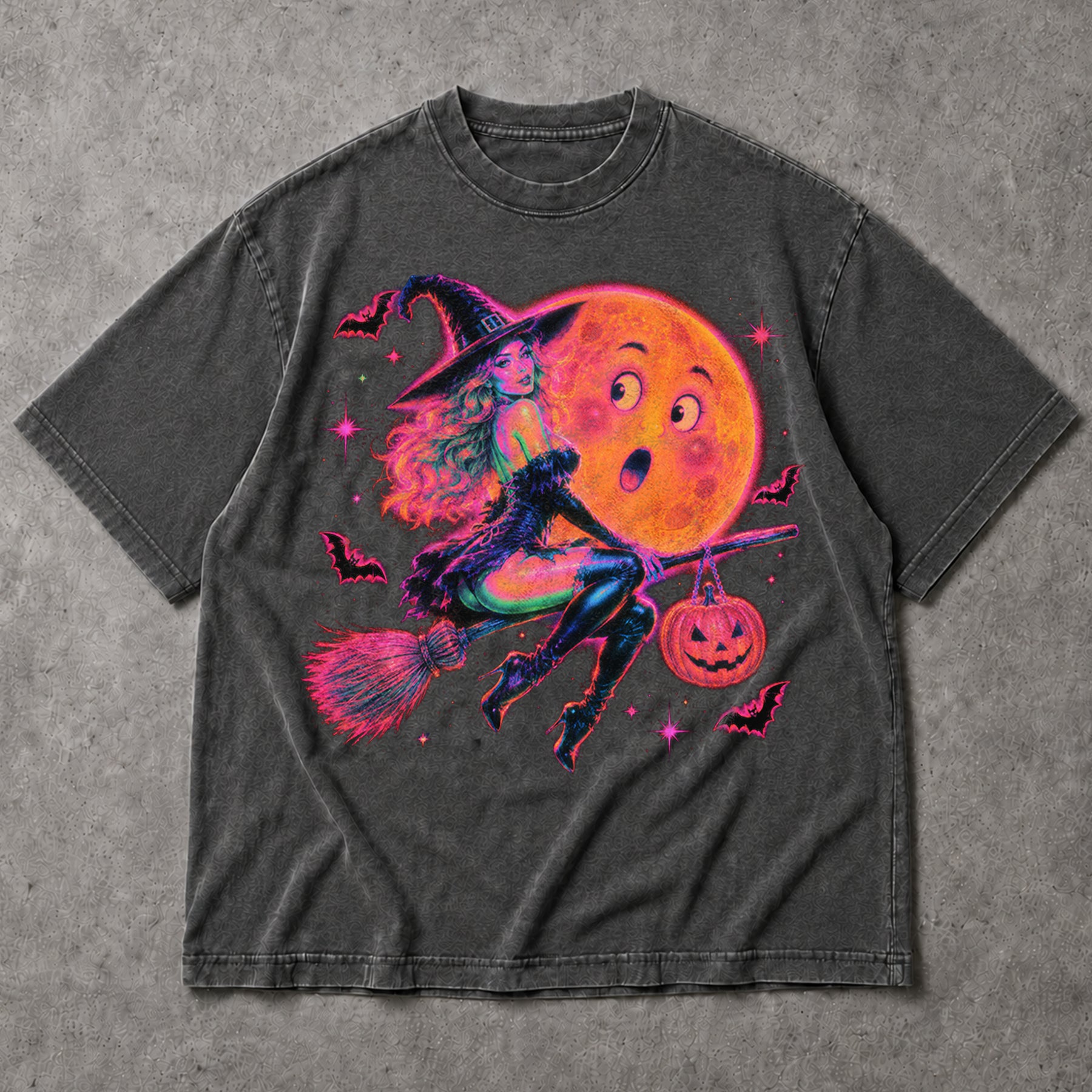 SF_COLOR=dark-heather; SF_ITEM=adult-t-shirt; SF_ROLE=main; Retro Neon Witch Riding Broom T-Shirt Funny Moon Face Halloween Spooky Tee - Dark Heather Adult T-Shirt product image