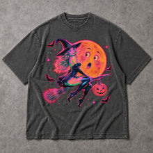 SF_COLOR=dark-heather; SF_ITEM=adult-t-shirt; SF_ROLE=main; Retro Neon Witch Riding Broom T-Shirt Funny Moon Face Halloween Spooky Tee - Dark Heather Adult T-Shirt product image