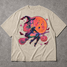 SF_COLOR=sand; SF_ITEM=adult-t-shirt; SF_ROLE=main; Retro Neon Witch Riding Broom T-Shirt Funny Moon Face Halloween Spooky Tee - Sand Adult T-Shirt product image
