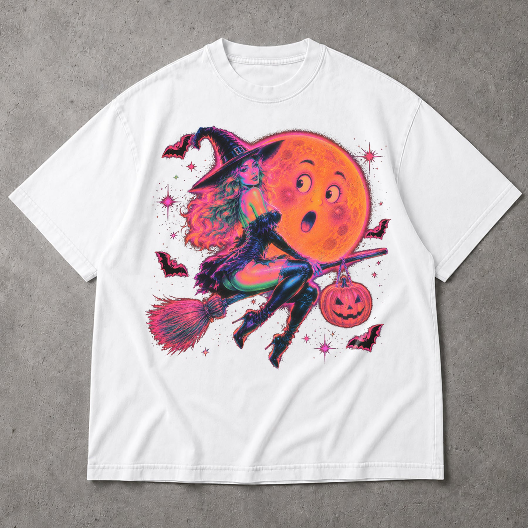 SF_COLOR=white; SF_ITEM=adult-t-shirt; SF_ROLE=main; Retro Neon Witch Riding Broom T-Shirt Funny Moon Face Halloween Spooky Tee - White Adult T-Shirt product image