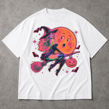 SF_COLOR=white; SF_ITEM=adult-t-shirt; SF_ROLE=main; Retro Neon Witch Riding Broom T-Shirt Funny Moon Face Halloween Spooky Tee - White Adult T-Shirt product image