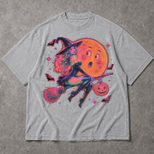 SF_COLOR=sport-grey; SF_ITEM=adult-t-shirt; SF_ROLE=main; Retro Neon Witch Riding Broom T-Shirt Funny Moon Face Halloween Spooky Tee - Sport Grey Adult T-Shirt product image
