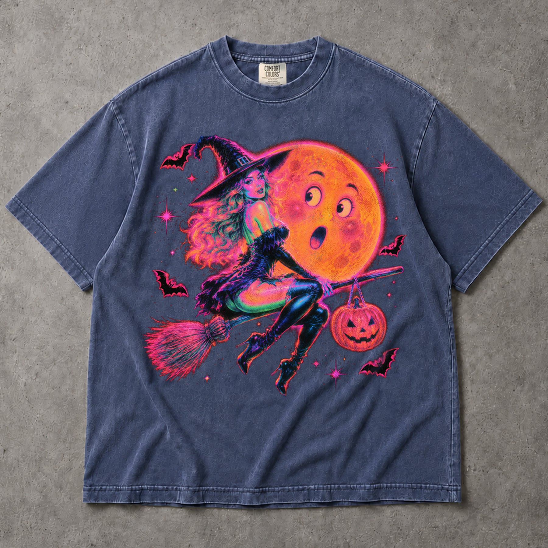 SF_COLOR=sport-grey|denim; SF_ITEM=adult-t-shirt; SF_ROLE=main; Retro Neon Witch Riding Broom T-Shirt Funny Moon Face Halloween Spooky Tee - Sport Grey, Denim Adult T-Shirt product image