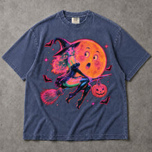 SF_COLOR=sport-grey|denim; SF_ITEM=adult-t-shirt; SF_ROLE=main; Retro Neon Witch Riding Broom T-Shirt Funny Moon Face Halloween Spooky Tee - Sport Grey, Denim Adult T-Shirt product image