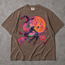 SF_COLOR=sport-grey|espresso; SF_ITEM=adult-t-shirt; SF_ROLE=main; Retro Neon Witch Riding Broom T-Shirt Funny Moon Face Halloween Spooky Tee - Sport Grey, Espresso Adult T-Shirt product image