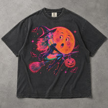 SF_COLOR=graphite; SF_ITEM=adult-t-shirt; SF_ROLE=main; Retro Neon Witch Riding Broom T-Shirt Funny Moon Face Halloween Spooky Tee - Graphite Adult T-Shirt product image