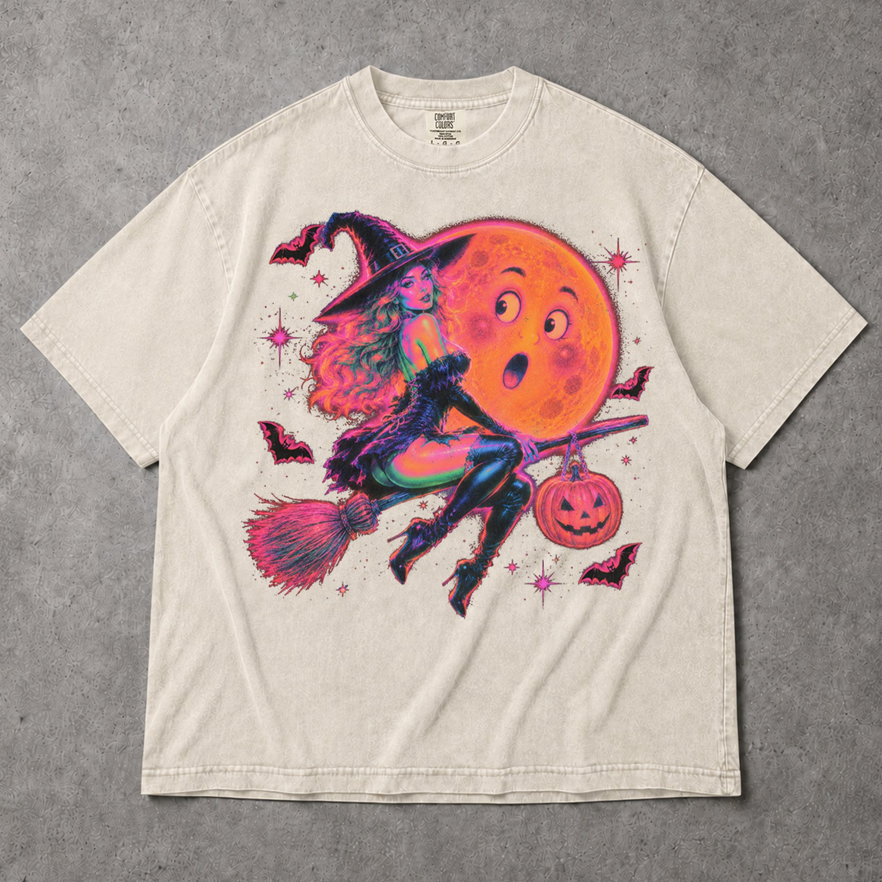 SF_COLOR=ivory; SF_ITEM=adult-t-shirt; SF_ROLE=gallery; Retro Neon Witch Riding Broom T-Shirt Funny Moon Face Halloween Spooky Tee - Ivory Adult T-Shirt product image