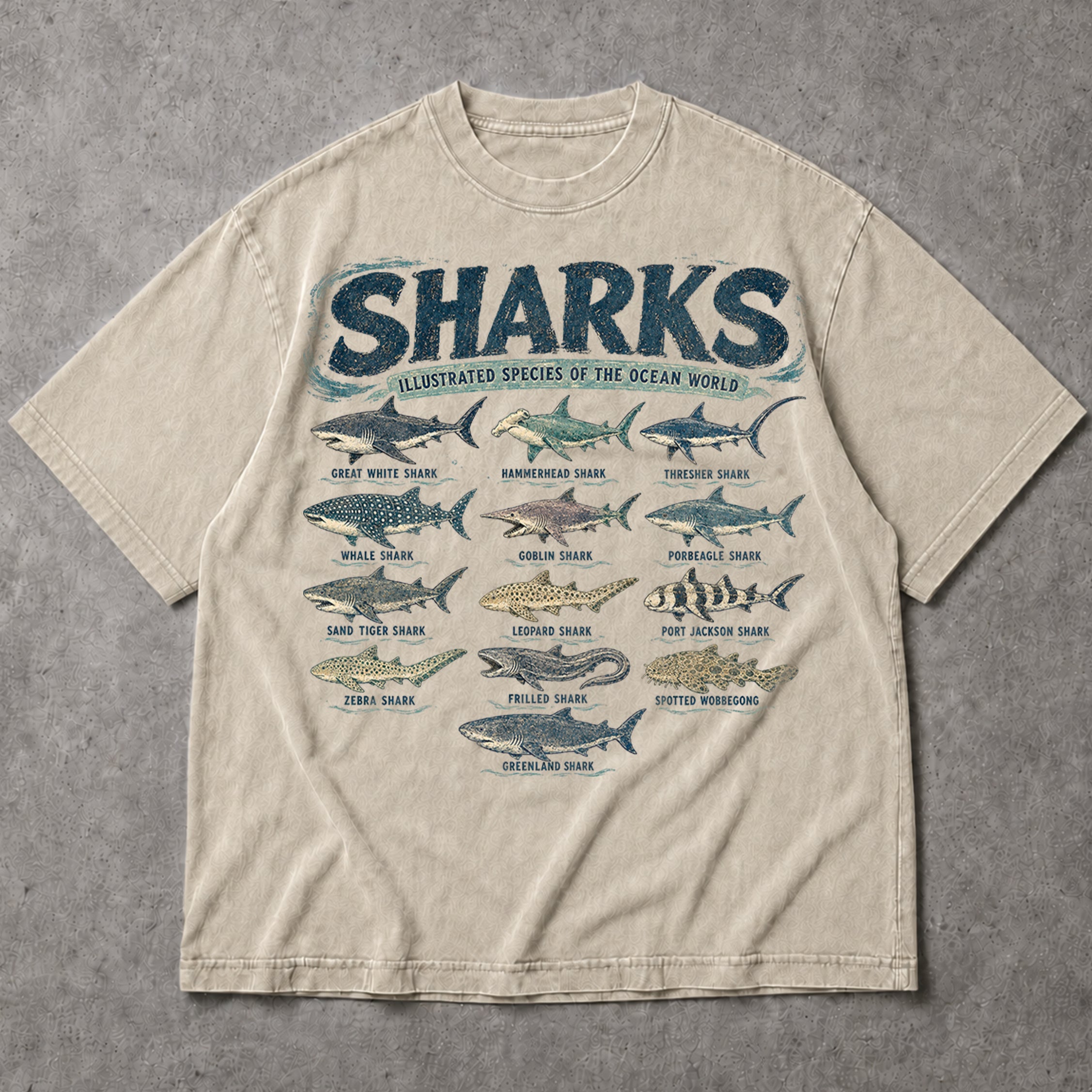 SF_COLOR=sand; SF_ITEM=adult-t-shirt; SF_ROLE=main; Retro Sharks Illustrated Species T-Shirt Ocean Life Marine Biologist Apparel - Sand Adult T-Shirt product image
