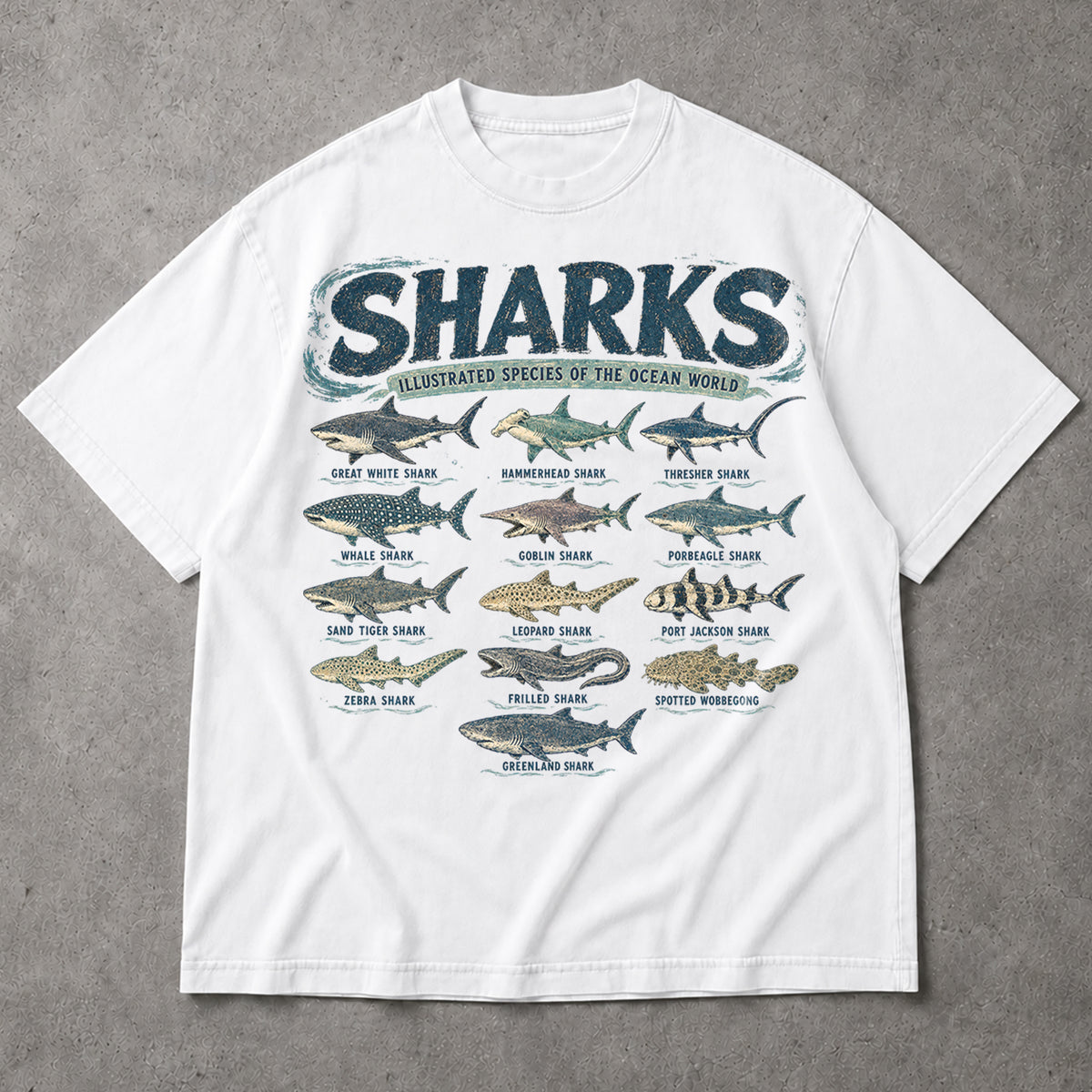 SF_COLOR=white; SF_ITEM=adult-t-shirt; SF_ROLE=main; Retro Sharks Illustrated Species T-Shirt Ocean Life Marine Biologist Apparel - White Adult T-Shirt product image