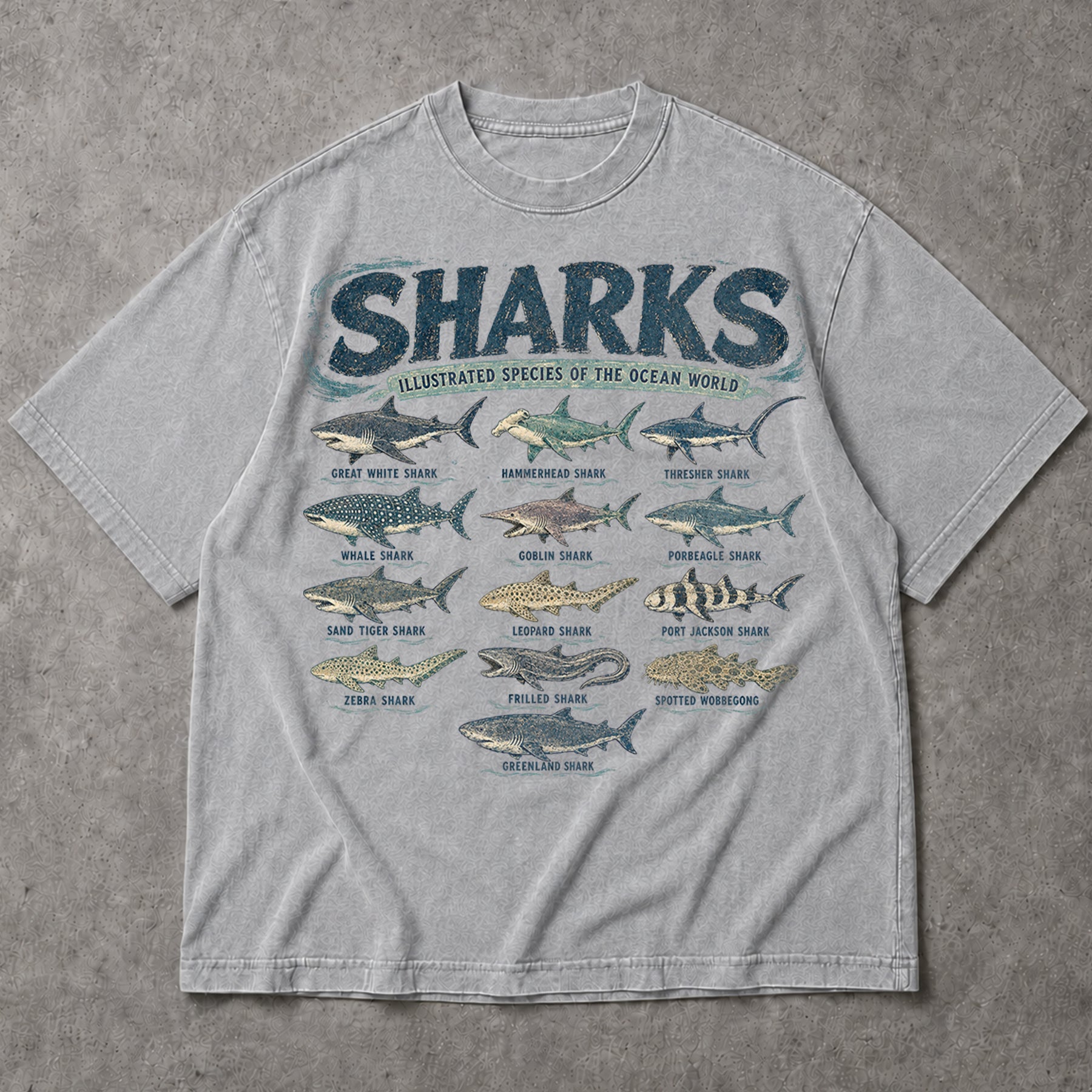 SF_COLOR=sport-grey; SF_ITEM=adult-t-shirt; SF_ROLE=main; Retro Sharks Illustrated Species T-Shirt Ocean Life Marine Biologist Apparel - Sport Grey Adult T-Shirt product image