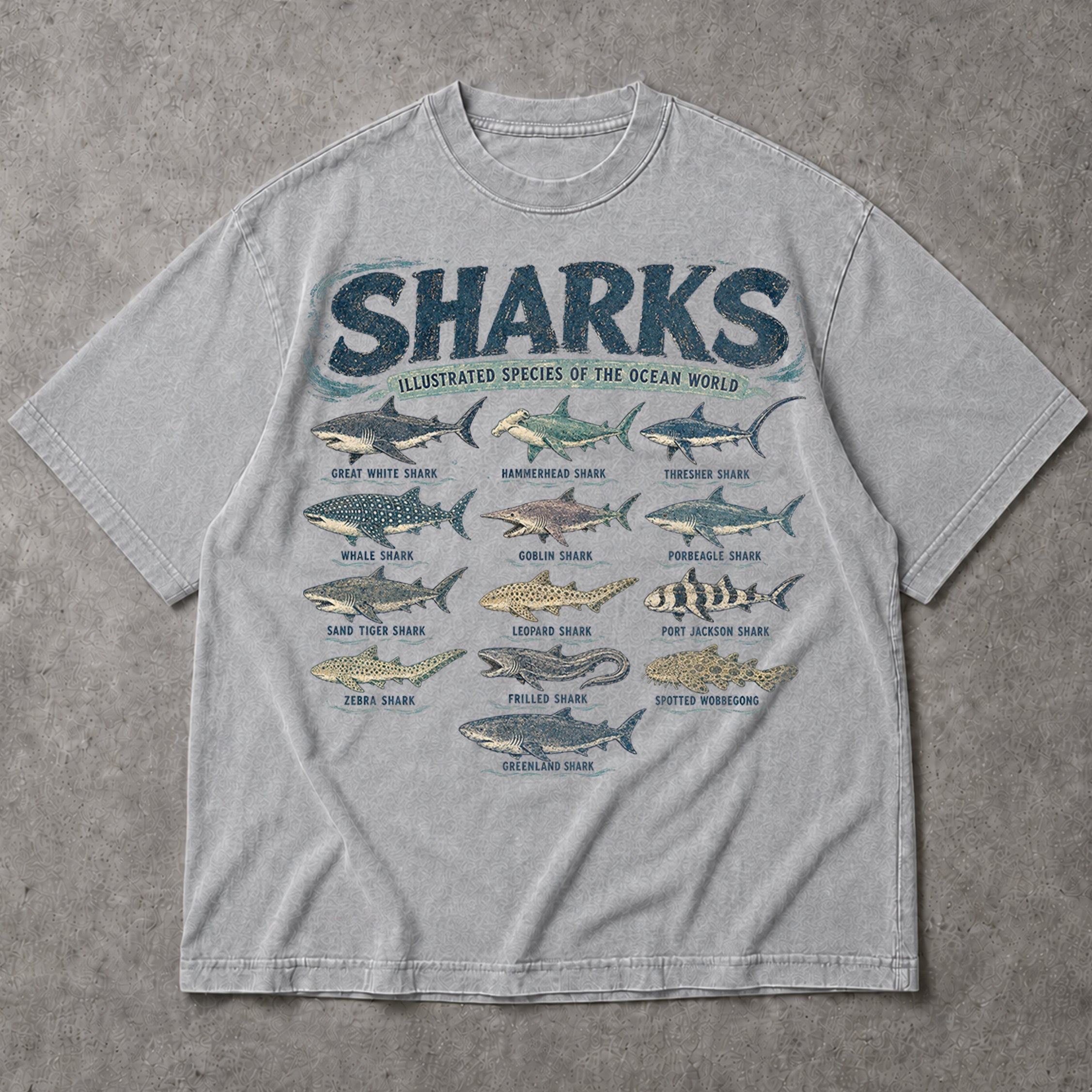 SF_COLOR=sport-grey; SF_ITEM=adult-t-shirt; SF_ROLE=main; Retro Sharks Illustrated Species T-Shirt Ocean Life Marine Biologist Apparel - Sport Grey Adult T-Shirt product image