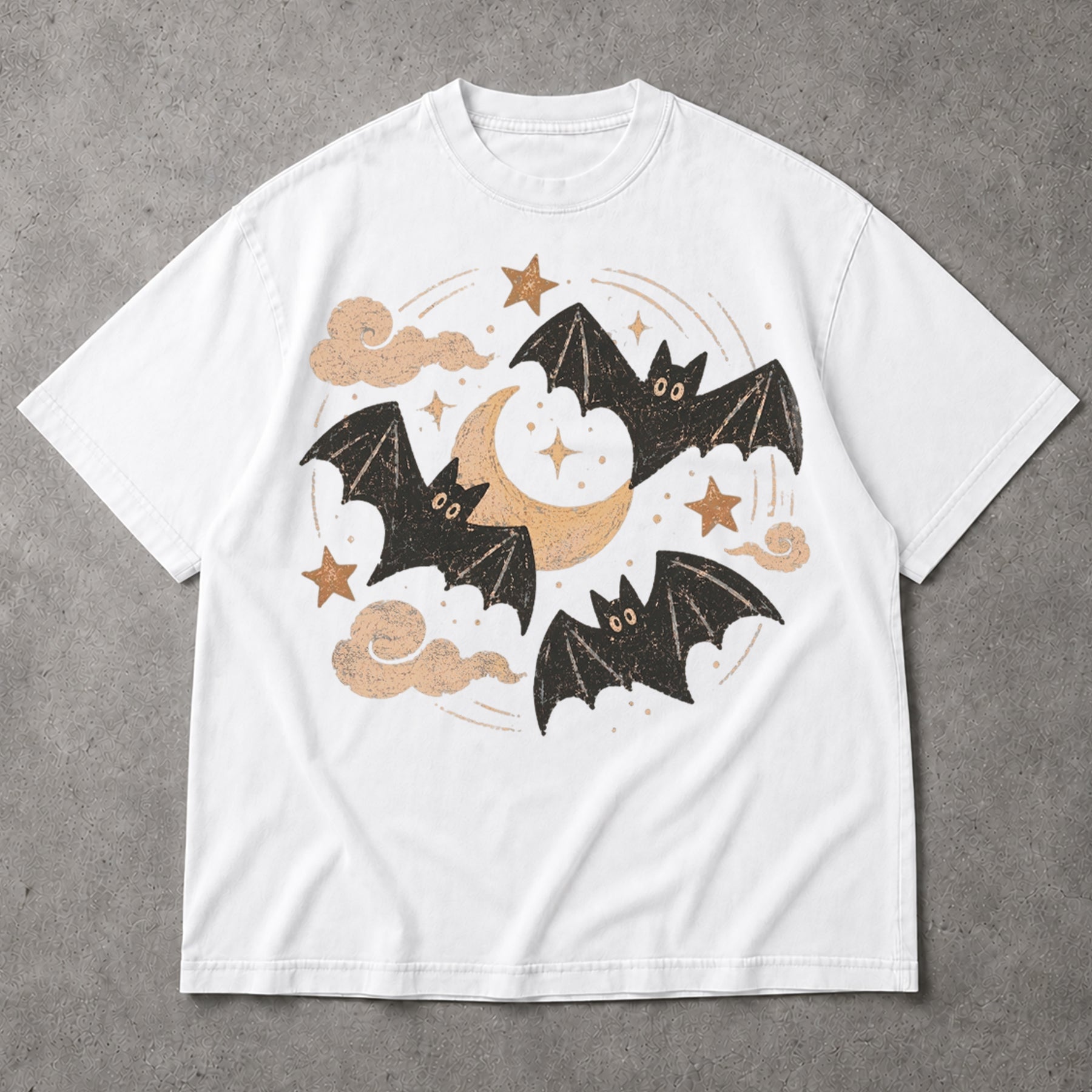 SF_COLOR=white; SF_ITEM=adult-t-shirt; SF_ROLE=main; Retro Spooky Bats Crescent Moon T-Shirt Cute Halloween Night Sky Stars Tee - White Adult T-Shirt product image