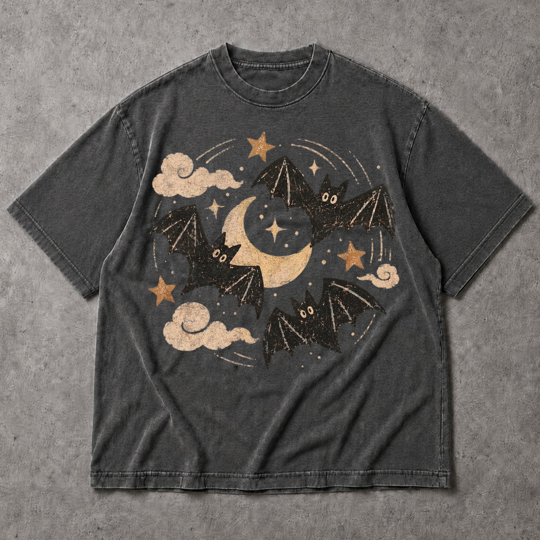 SF_COLOR=dark-heather; SF_ITEM=adult-t-shirt; SF_ROLE=main; Retro Spooky Bats Crescent Moon T-Shirt Cute Halloween Night Sky Stars Tee - Dark Heather Adult T-Shirt product image