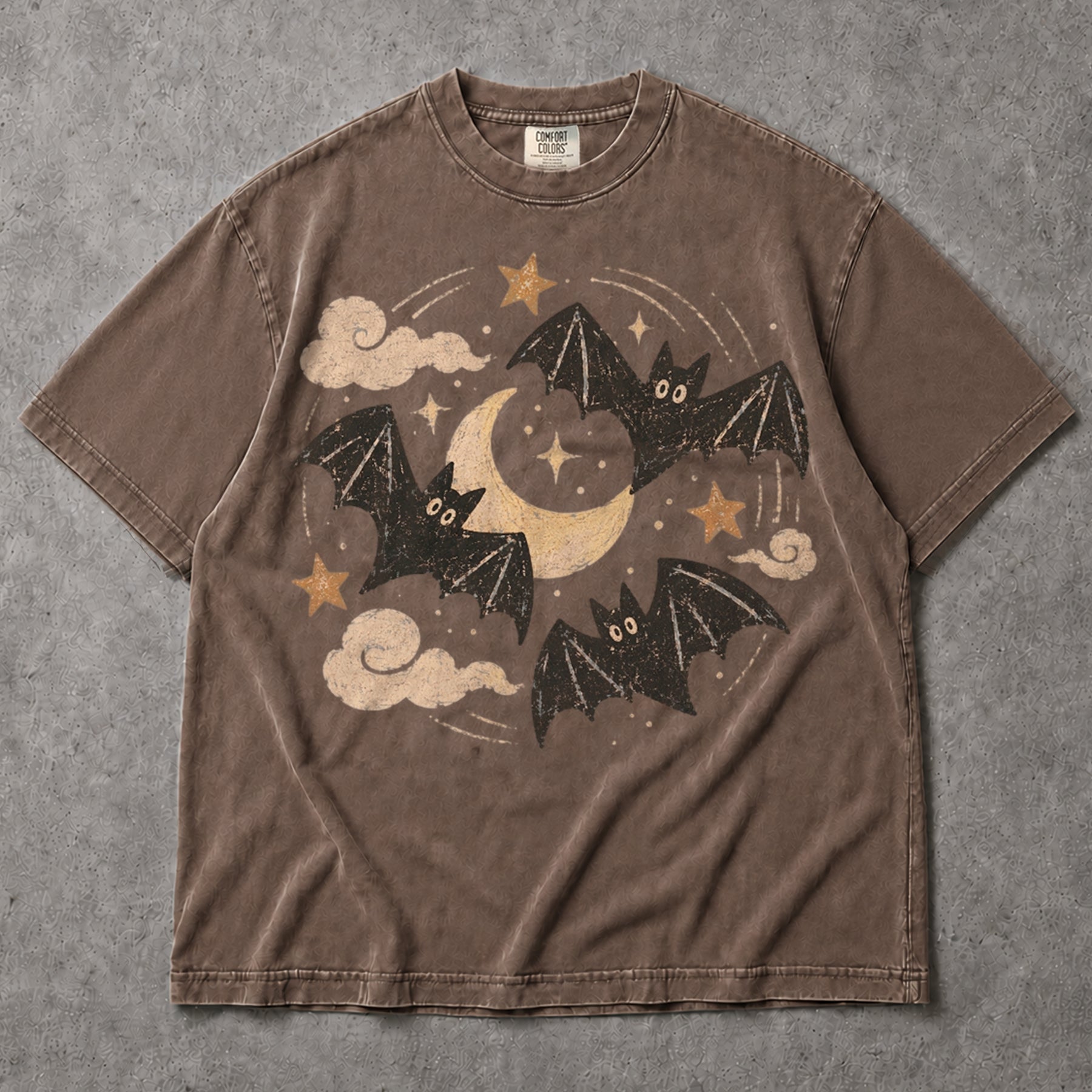 SF_COLOR=sport-grey|espresso; SF_ITEM=adult-t-shirt; SF_ROLE=main; Retro Spooky Bats Crescent Moon T-Shirt Cute Halloween Night Sky Stars Tee - Sport Grey, Espresso Adult T-Shirt product image