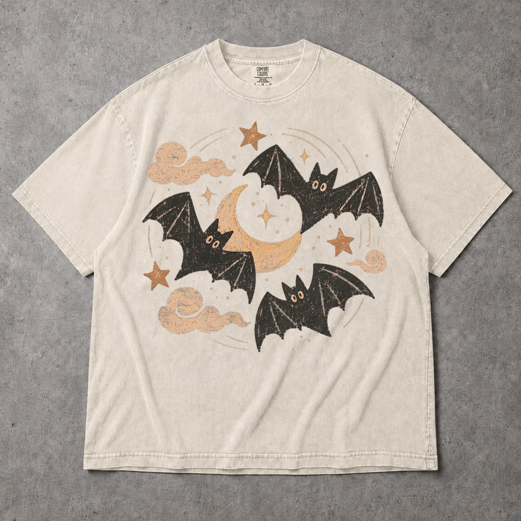 SF_COLOR=ivory; SF_ITEM=adult-t-shirt; SF_ROLE=gallery; Retro Spooky Bats Crescent Moon T-Shirt Cute Halloween Night Sky Stars Tee - Ivory Adult T-Shirt product image