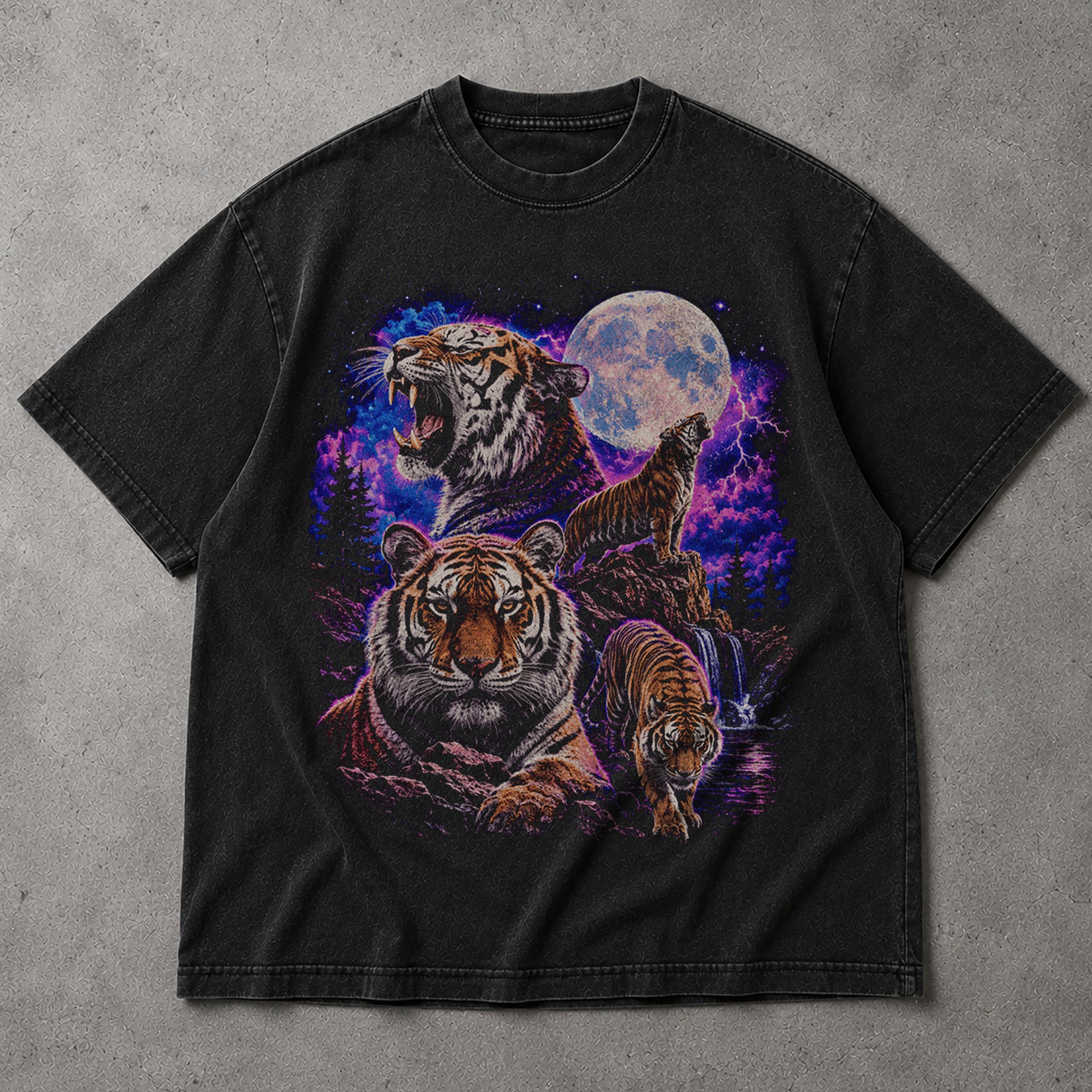 SF_COLOR=black; SF_ITEM=adult-t-shirt; SF_ROLE=main; Retro Tigers Howling At Full Moon T-Shirt Synthwave Lightning Vaporwaves Tee - Black Adult T-Shirt product image