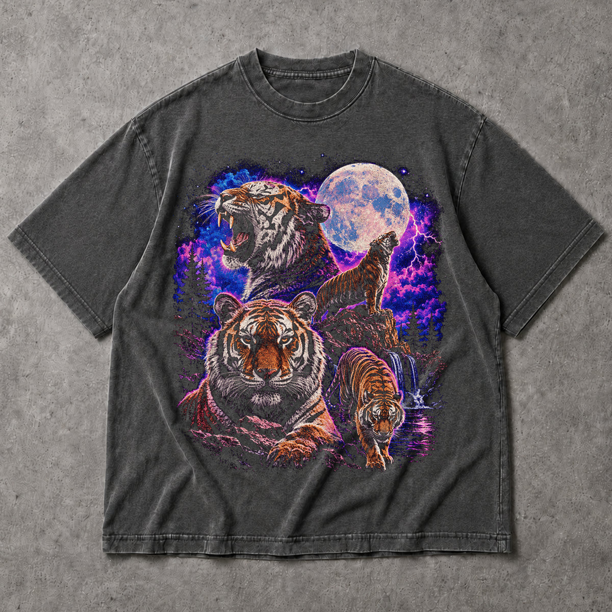 SF_COLOR=dark-heather; SF_ITEM=adult-t-shirt; SF_ROLE=main; Retro Tigers Howling At Full Moon T-Shirt Synthwave Lightning Vaporwaves Tee - Dark Heather Adult T-Shirt product image