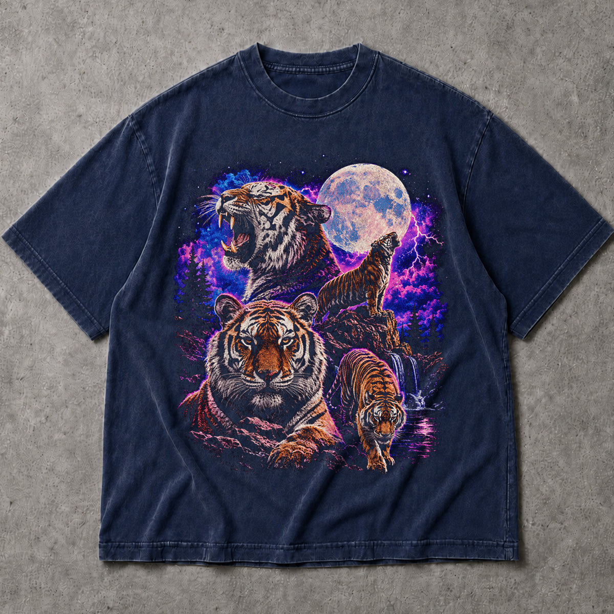 SF_COLOR=navy; SF_ITEM=adult-t-shirt; SF_ROLE=main; Retro Tigers Howling At Full Moon T-Shirt Synthwave Lightning Vaporwaves Tee - Navy Adult T-Shirt product image